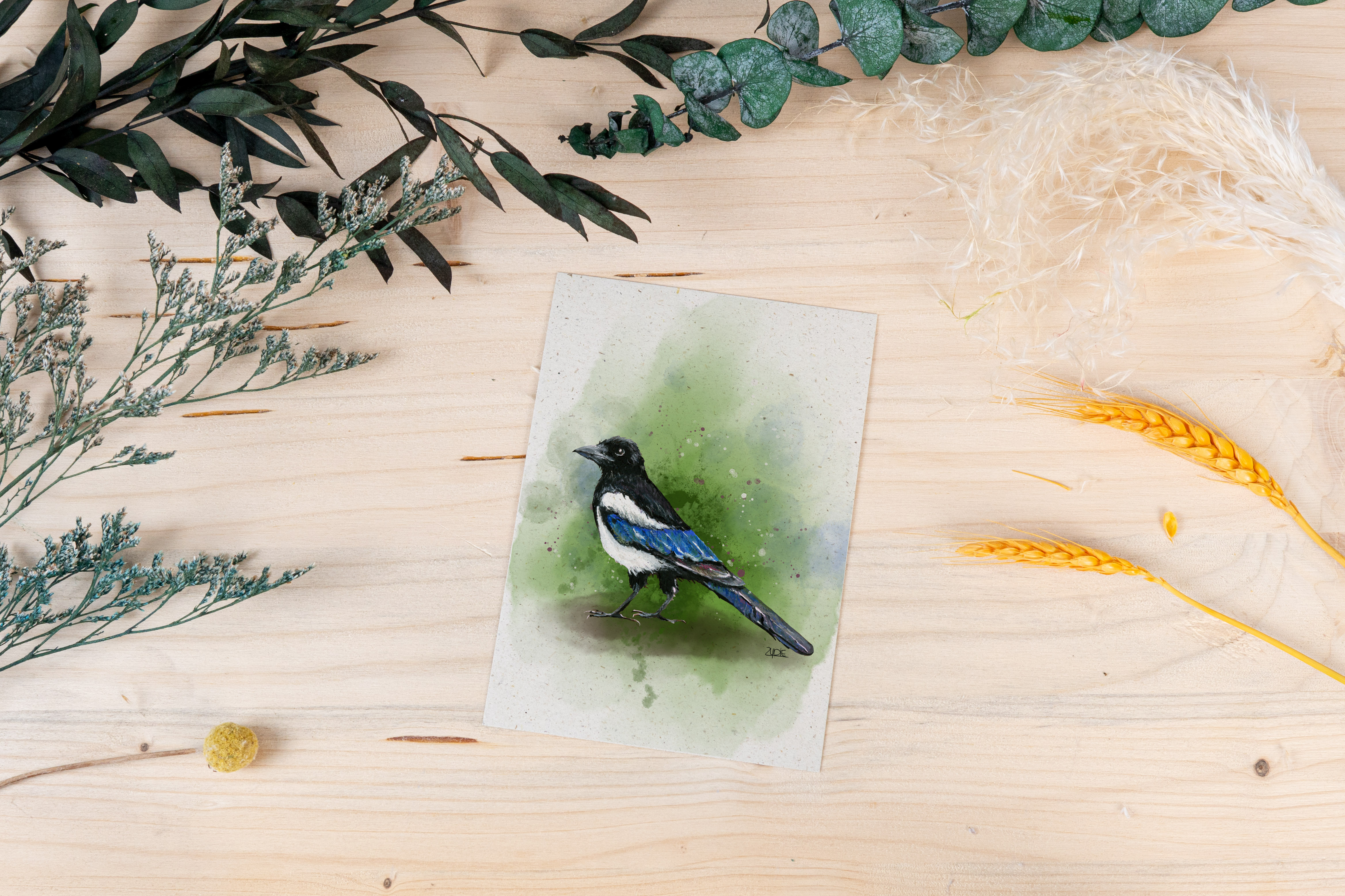 Grußkarte „Elster – Eleganz in Schwarz & Weiß“