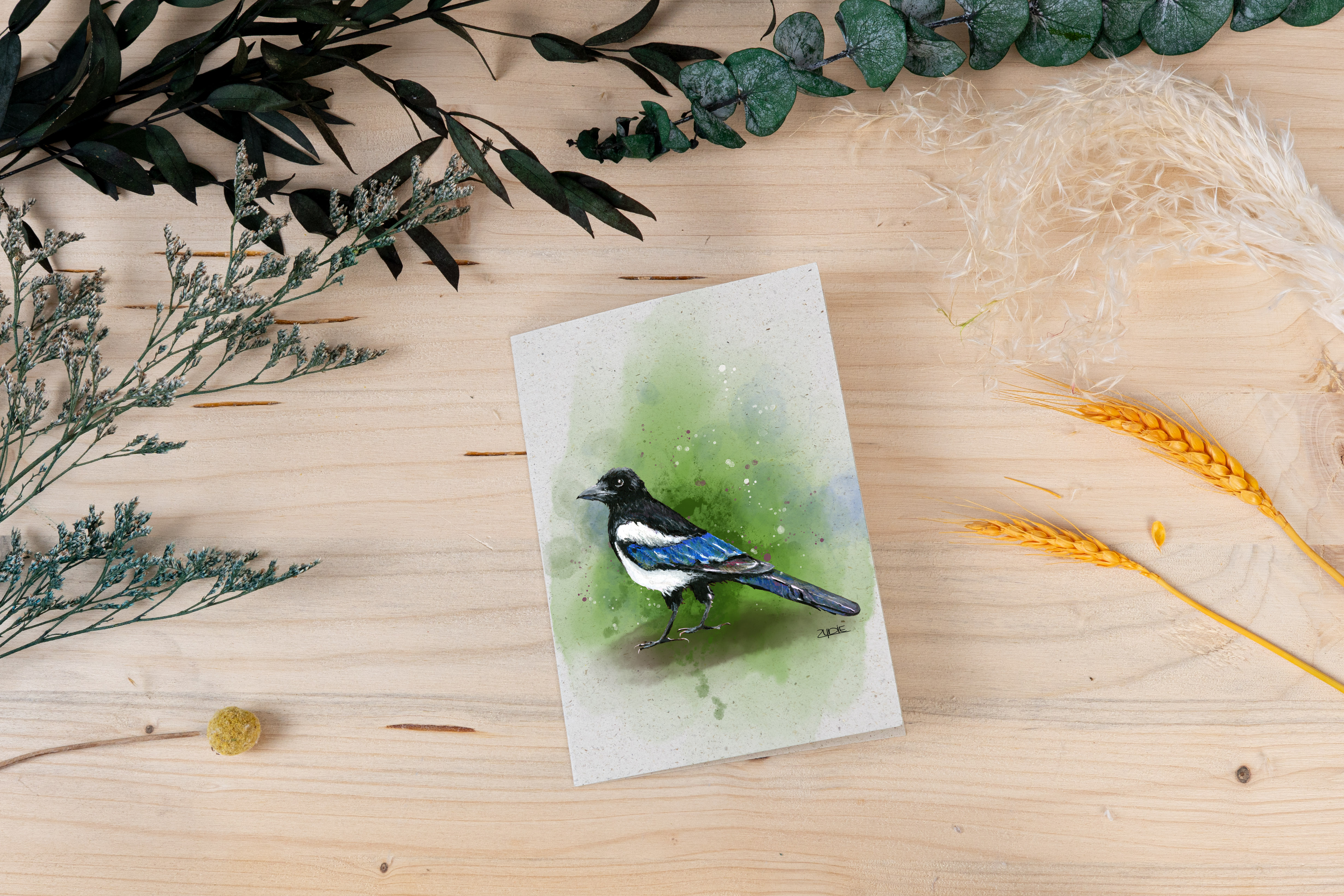 Grußkarte „Elster – Eleganz in Schwarz & Weiß“