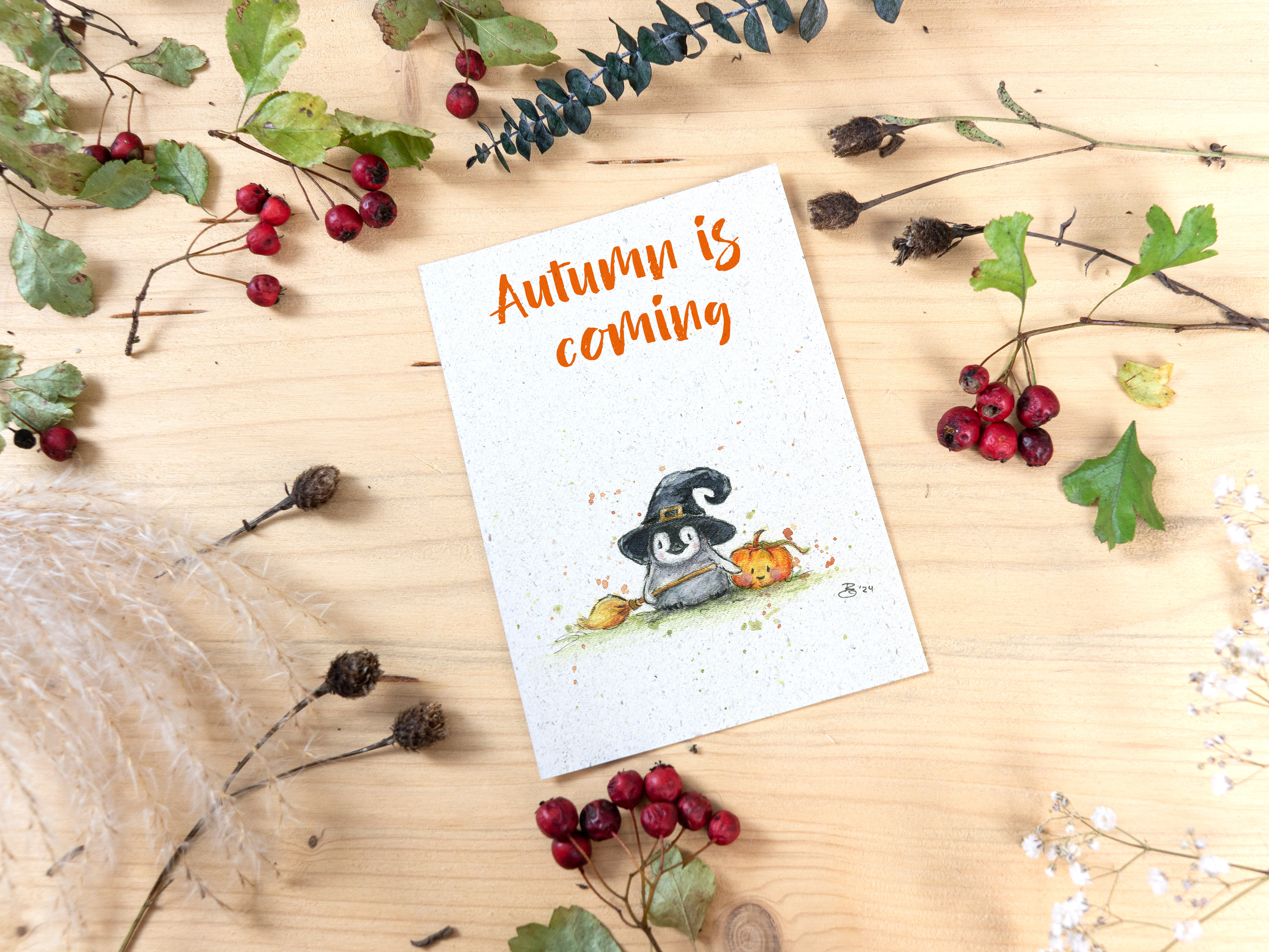 Grußkarte „Hexenpinguin Autums is coming“
