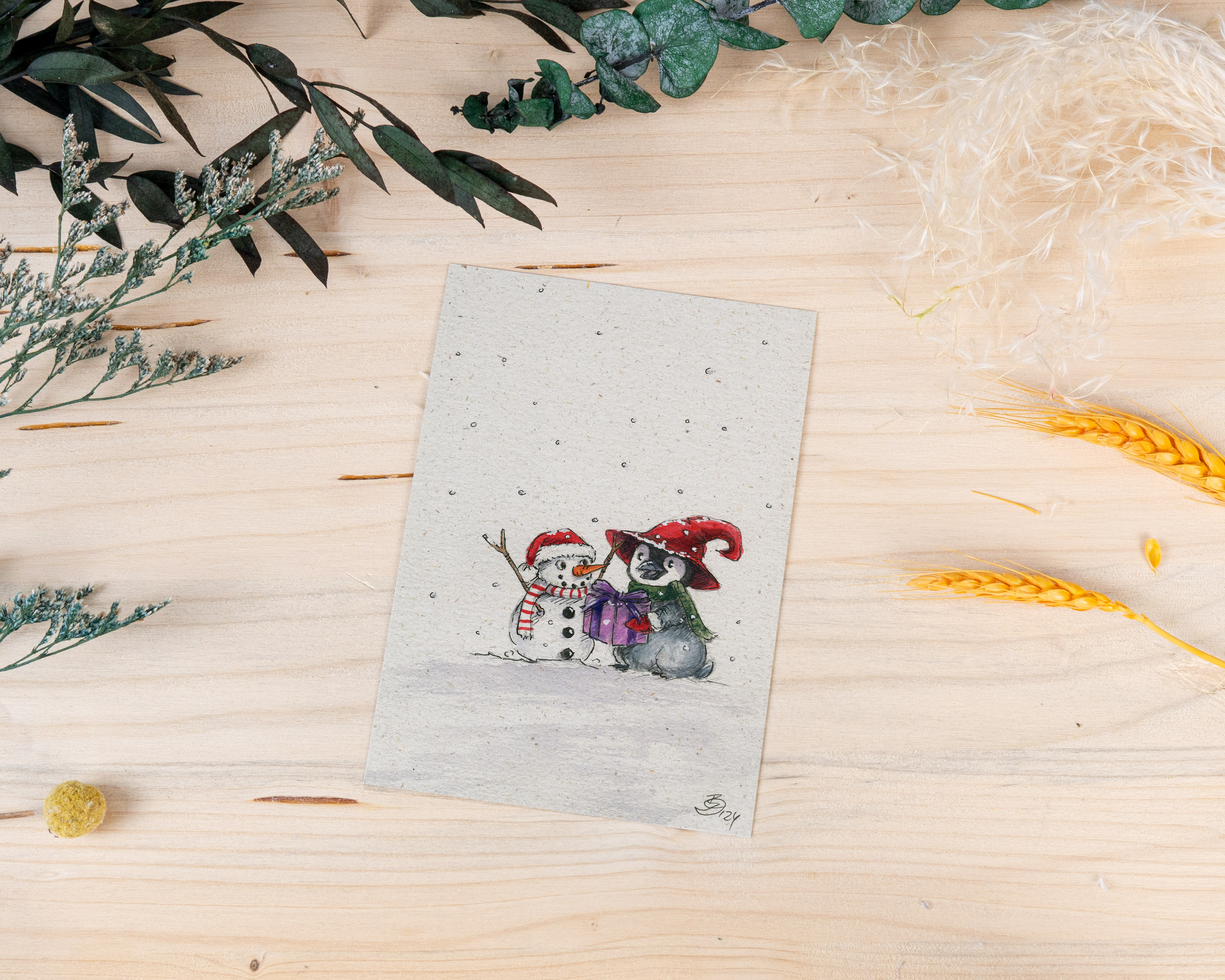 Weihnachtskarte „Pinguin & Schneemann - Geschenk“