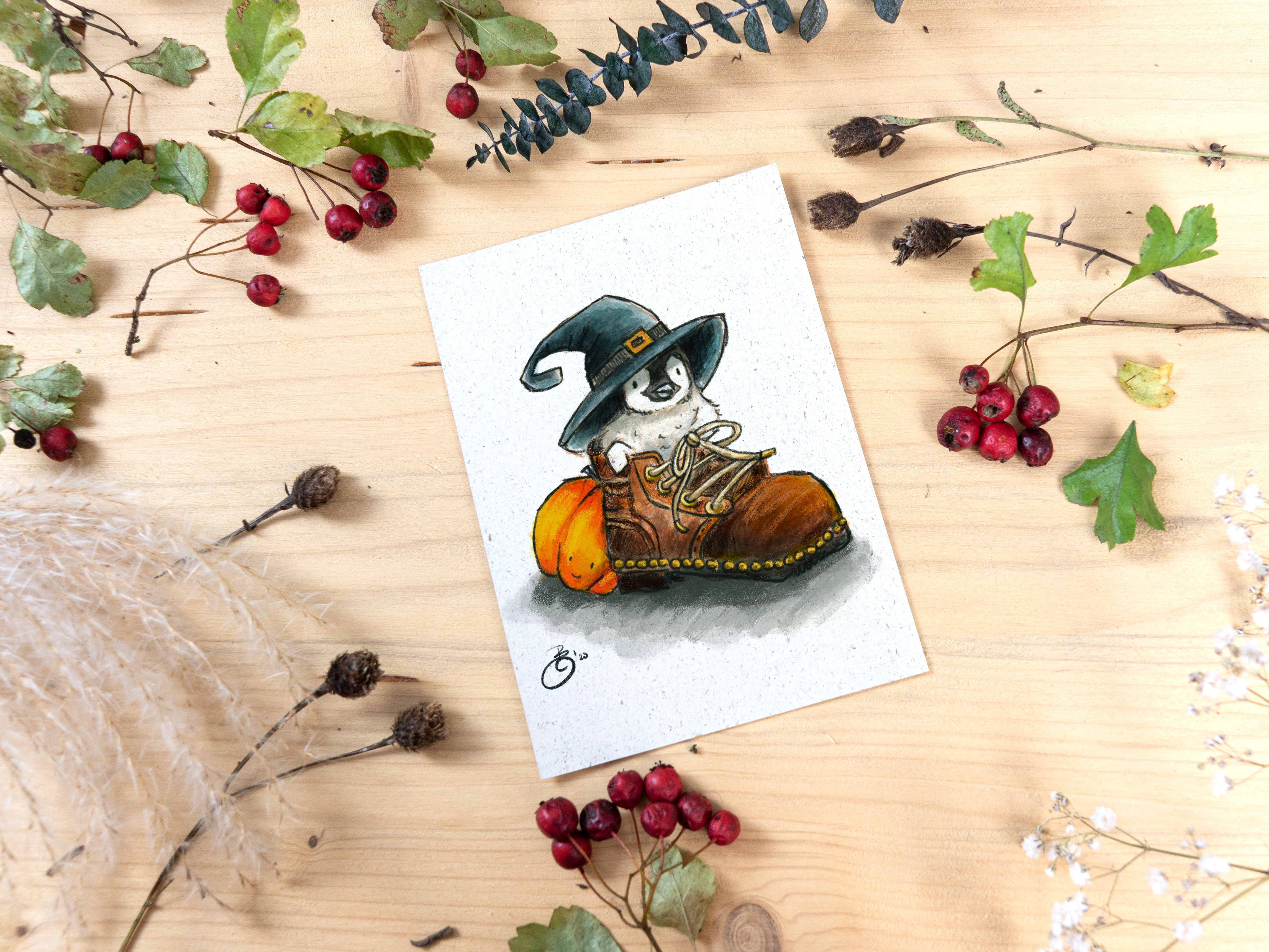 Grußkarte „Hexenpinguin im Schuh“