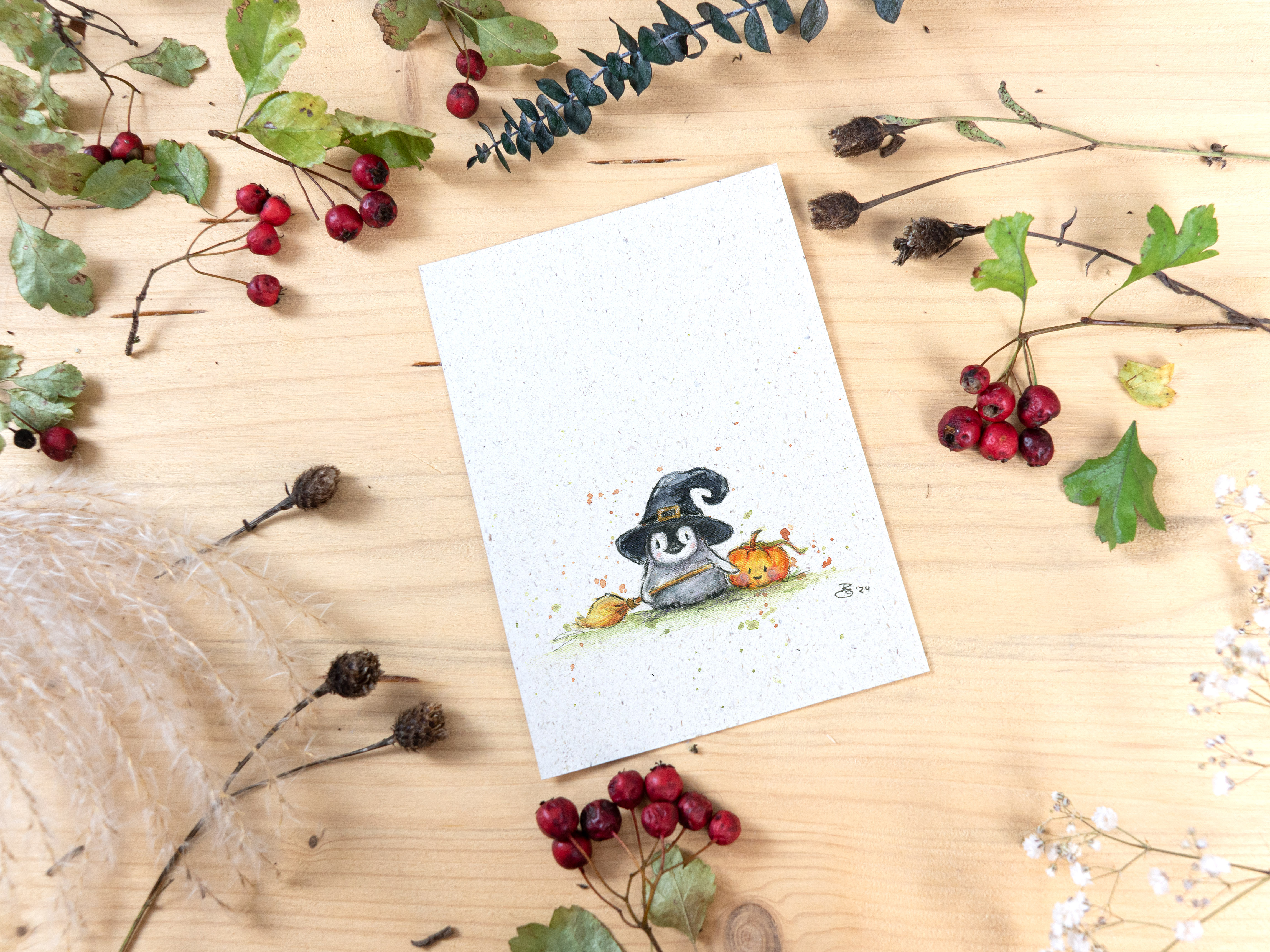 Grußkarte „Hexenpinguin“