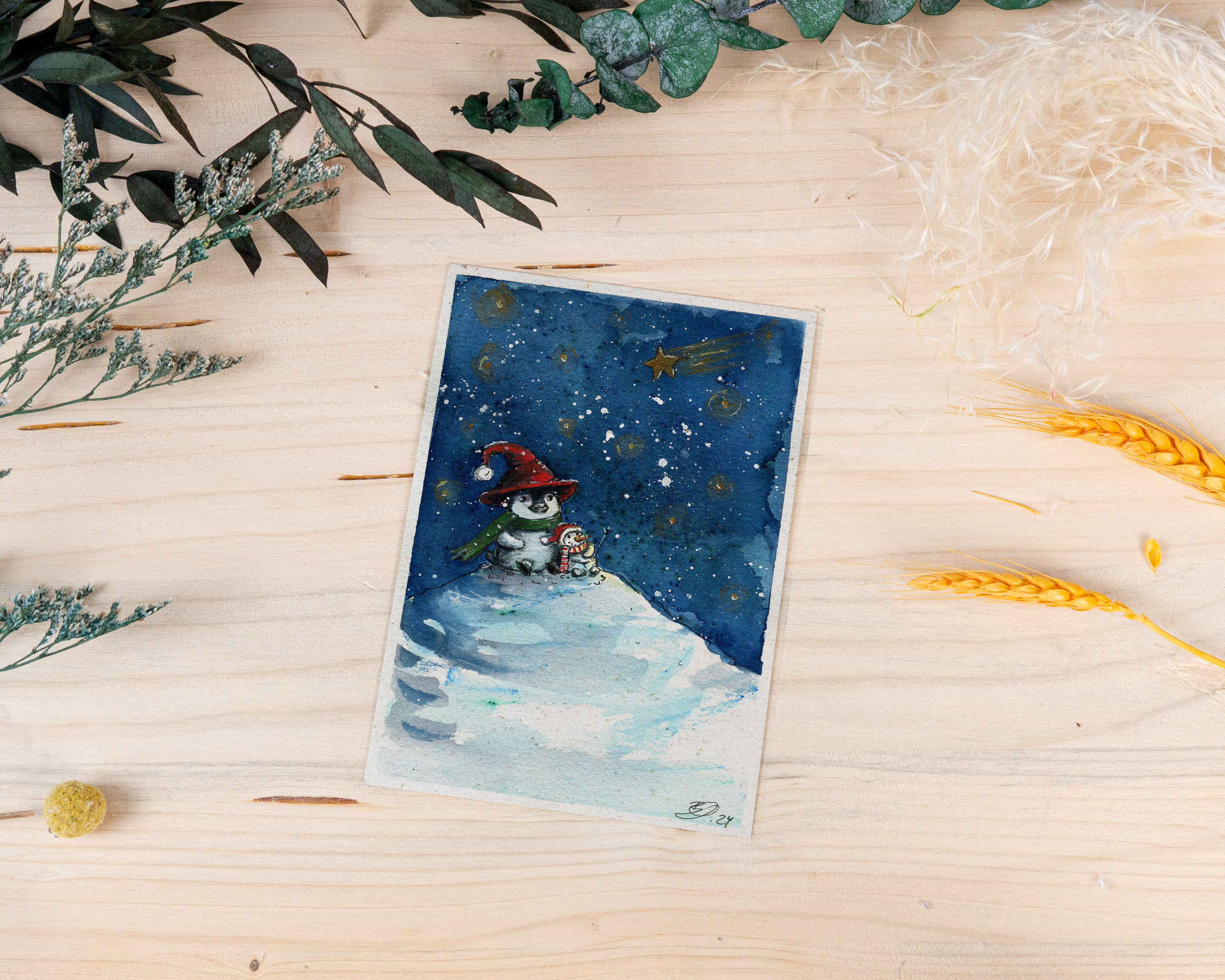 Weihnachtskarte „Pinguin & Schneemann - Weihnacht bei Nacht“