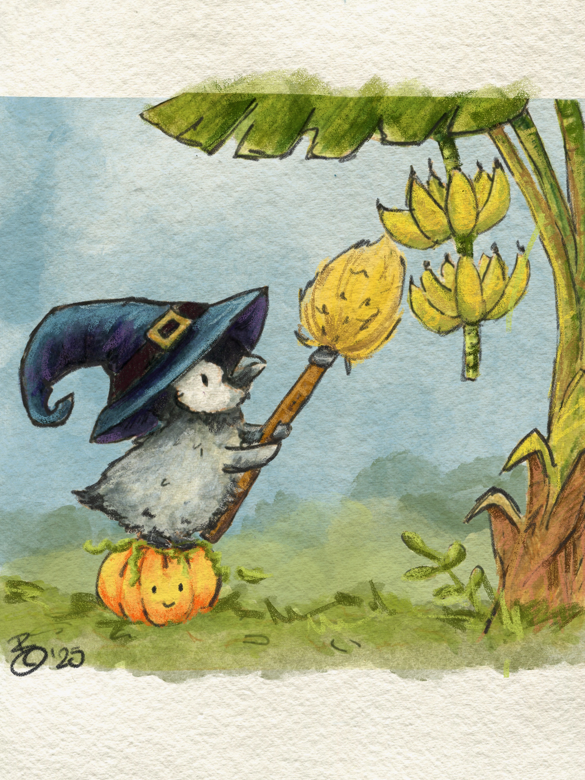 Fine Art Print „Pinguin beim Bananenpflücken“