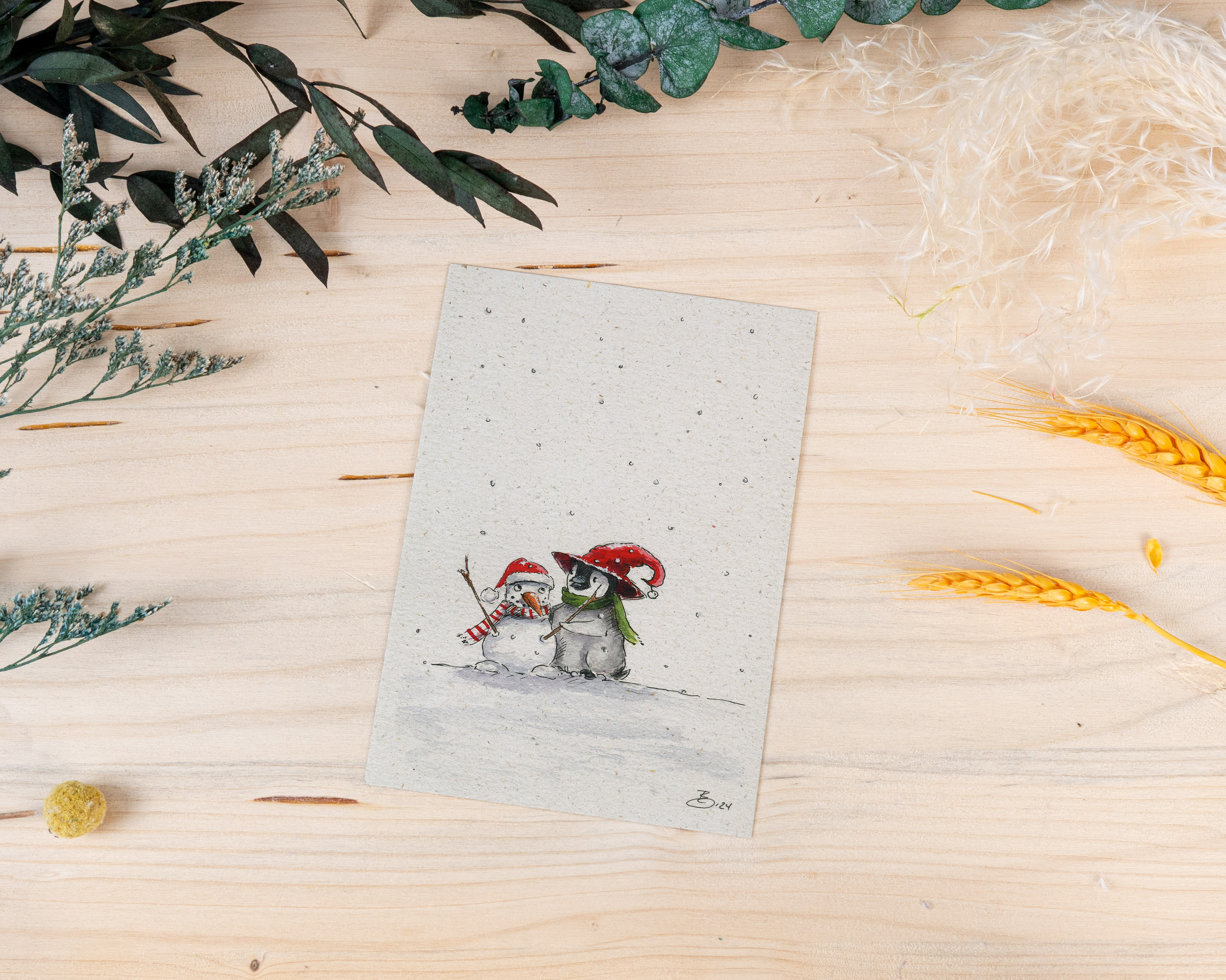 Weihnachtskarte „Pinguin & Schneemann - Winterfreunde“