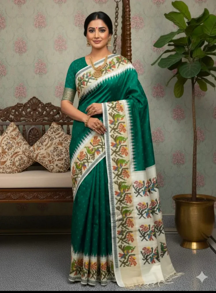 Green Traditional Saree with Floral Border