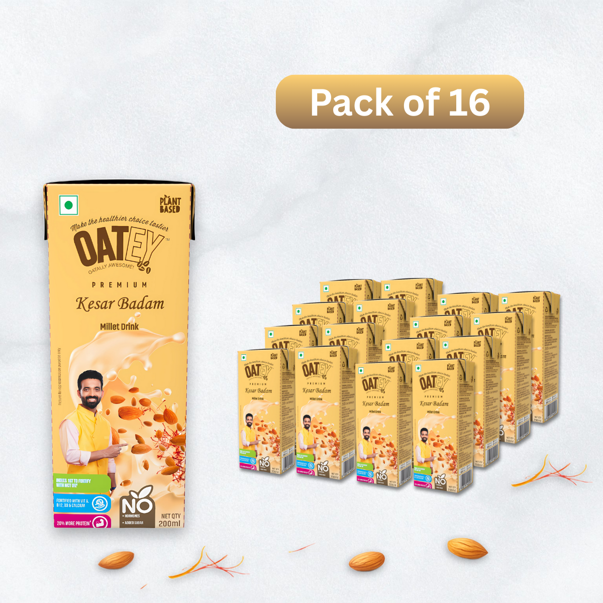 OATEY Premium Kesar Badam Millet Milk: Pack of 16 (3.2 L) | Bulk Plant-Based Vegan Milk India