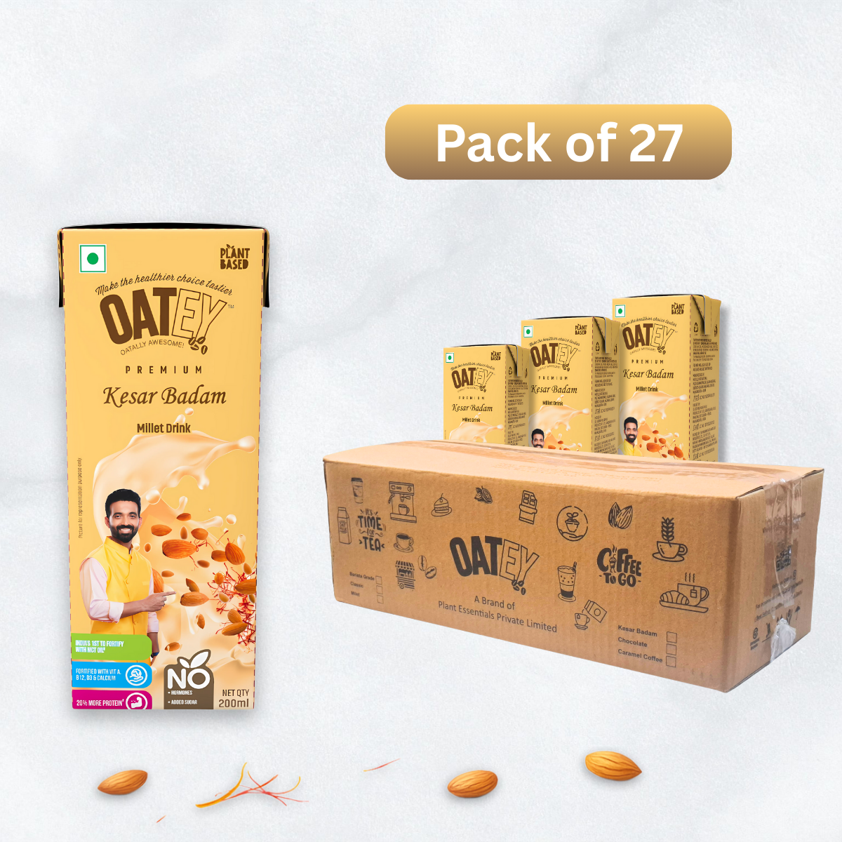 OATEY Premium Kesar Badam Millet Milk: Pack of 27 (5.4 L) | Plant-Based Vegan Milk India