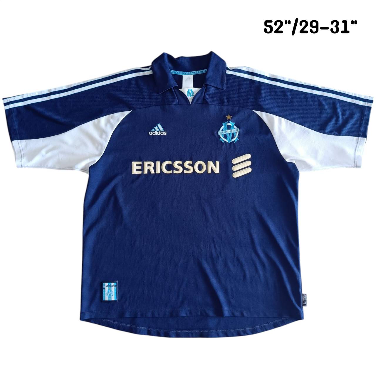 Vintage Adidas Olympic Marseille 1999 - 2000 football shirt, navy blue, second hand, some scratches and nicks