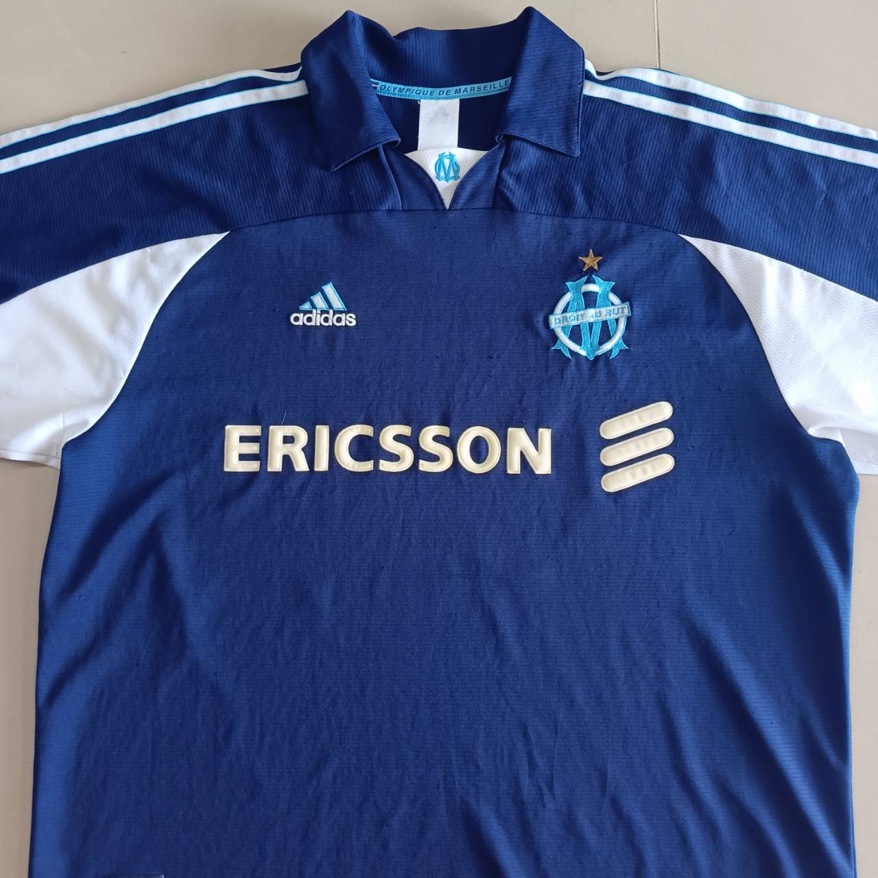 Vintage Adidas Olympic Marseille 1999 - 2000 football shirt, navy blue, second hand, some scratches and nicks