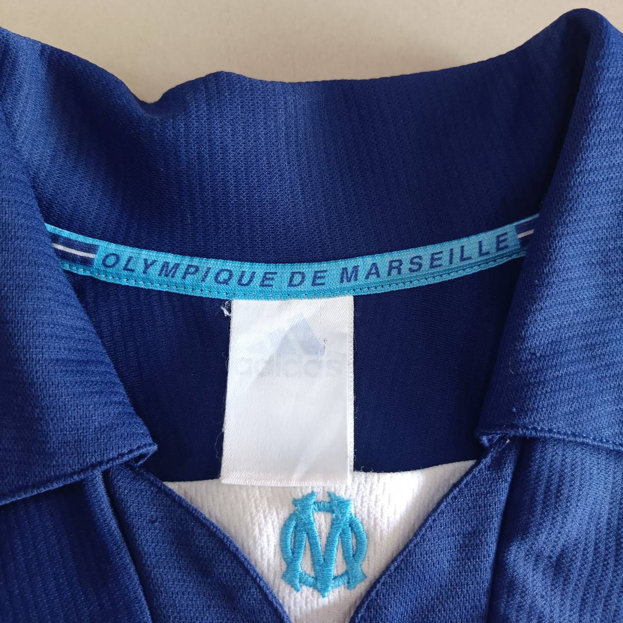 Vintage Adidas Olympic Marseille 1999 - 2000 football shirt, navy blue, second hand, some scratches and nicks