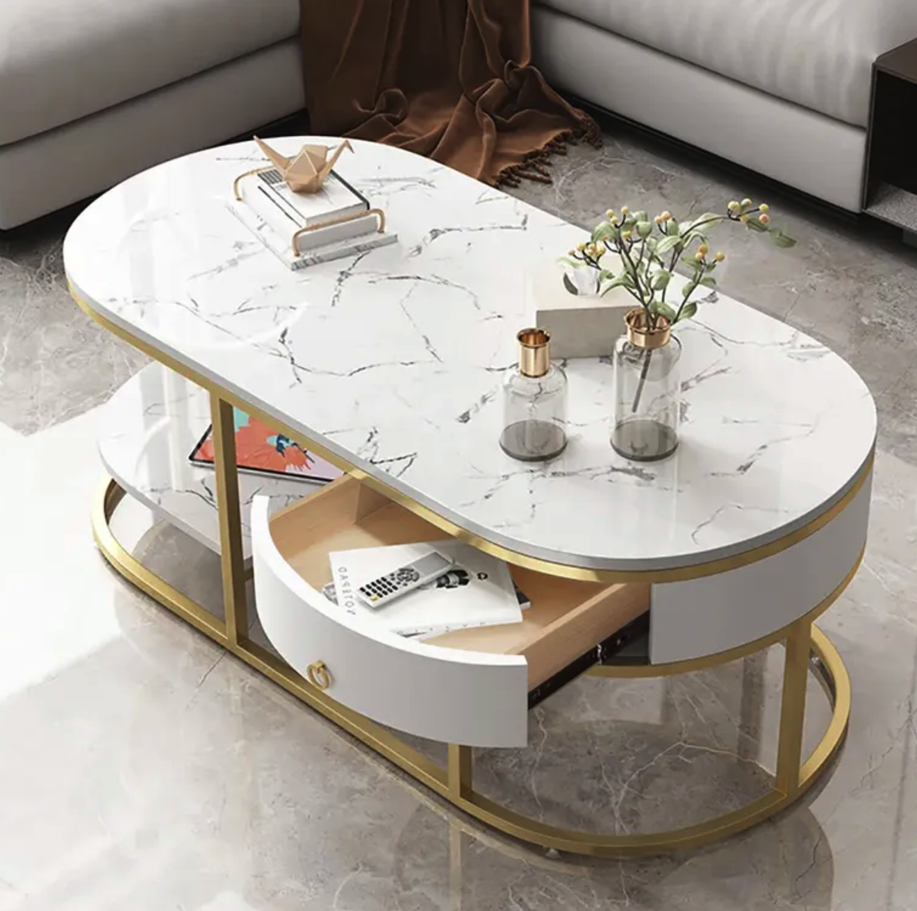 Contemporary Double Drawer Marble Accent Table