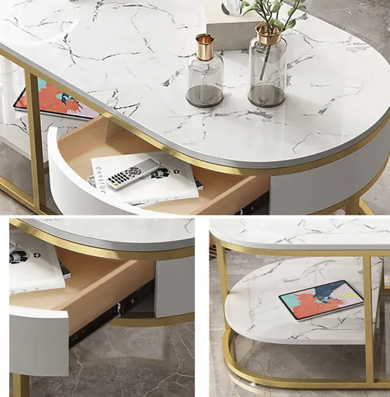 Contemporary Double Drawer Marble Accent Table