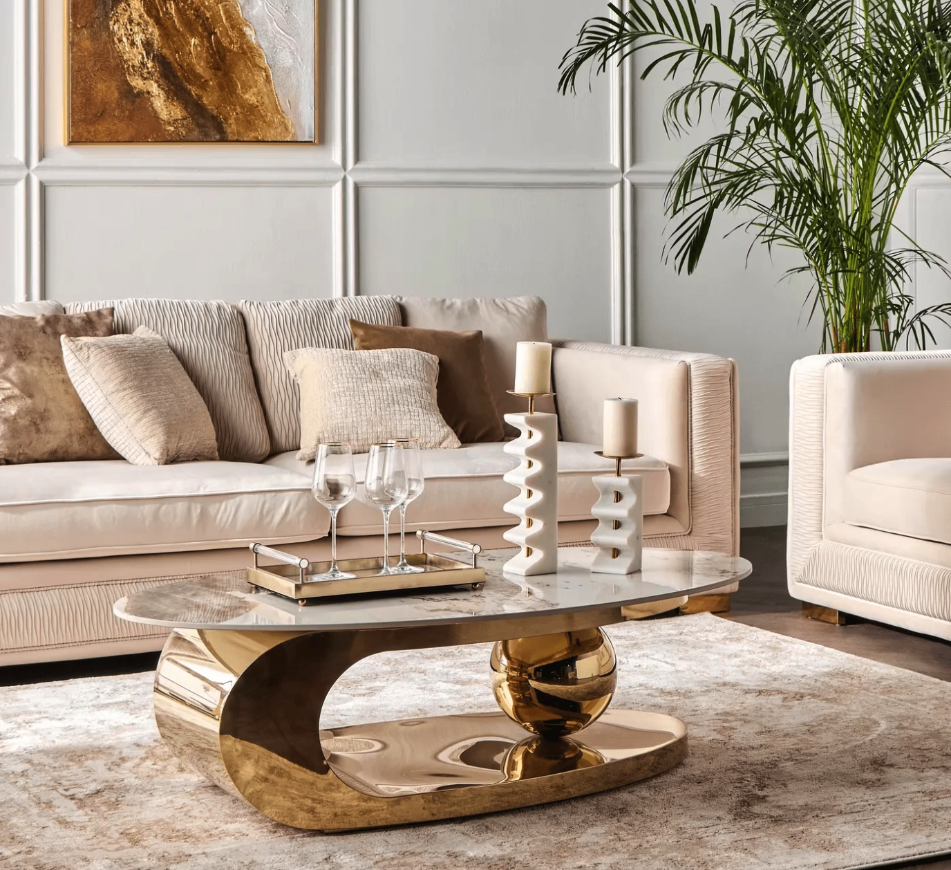 Designer Oval Coffee Table Š Gold Steel Base & Marble Top