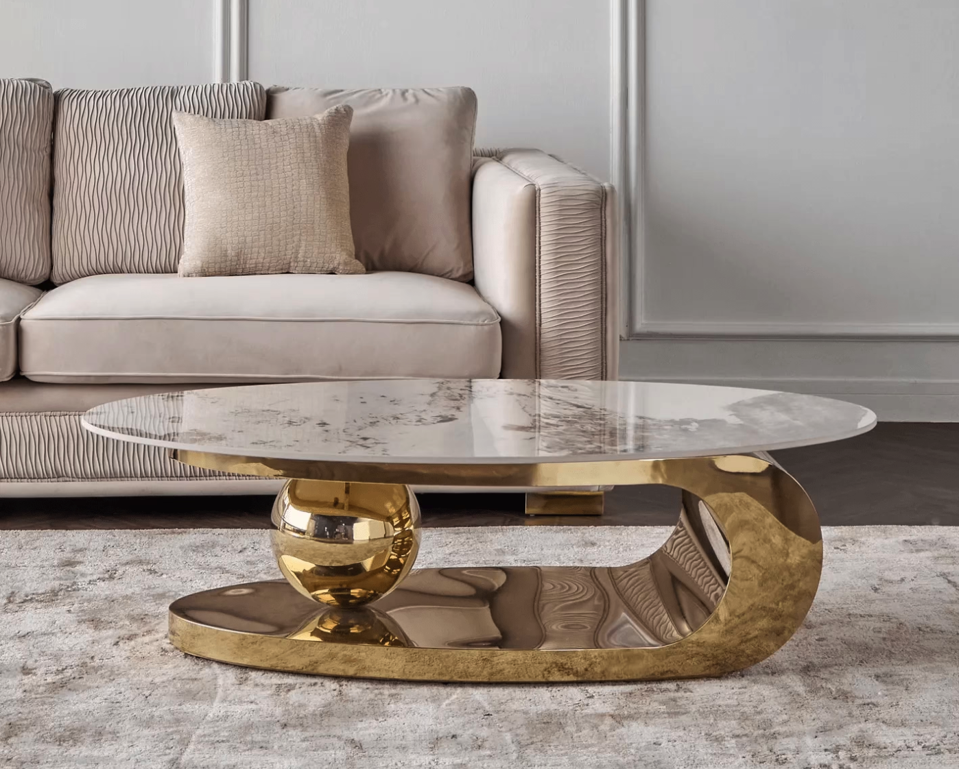 Designer Oval Coffee Table Š Gold Steel Base & Marble Top