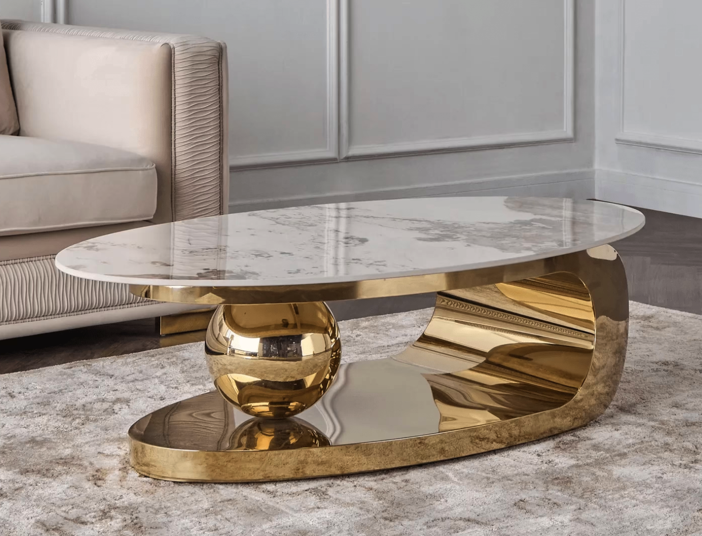 Designer Oval Coffee Table Š Gold Steel Base & Marble Top
