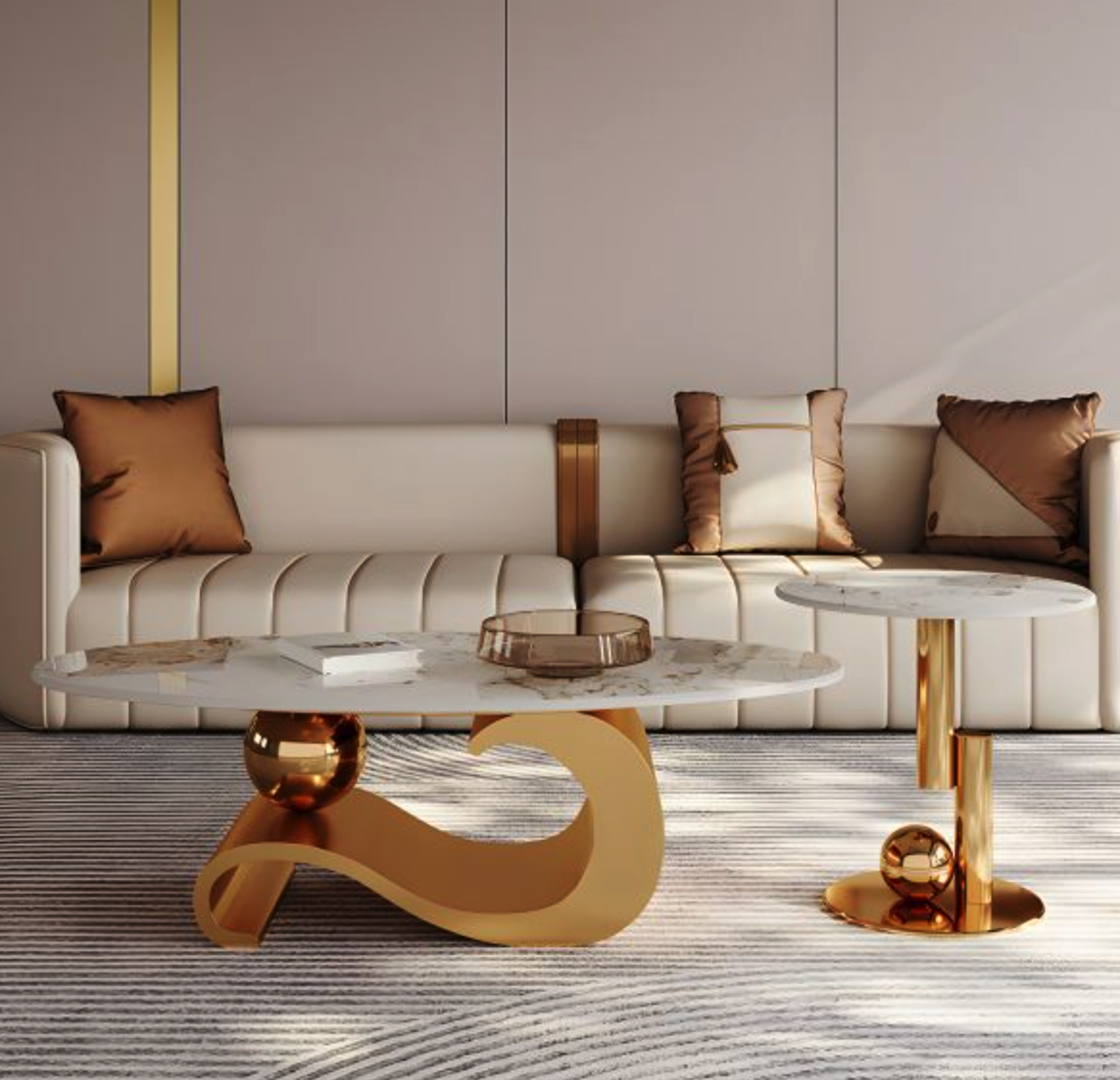 Oval Coffee Table Set with Marble Top