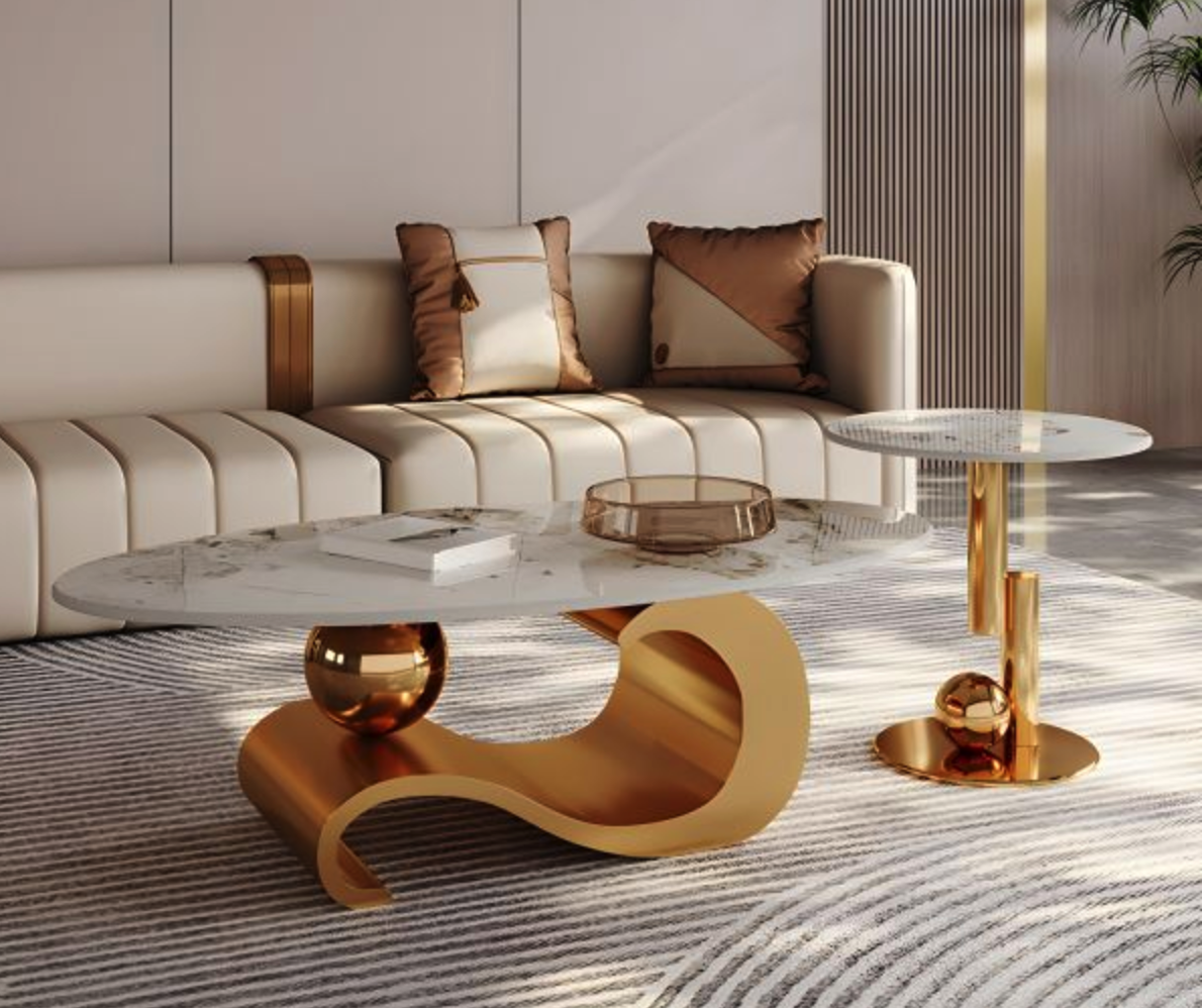 Oval Coffee Table Set with Marble Top