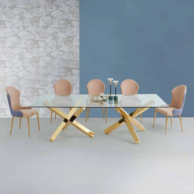 Luxury Gold Stainless Steel Dining Table with Glass Top