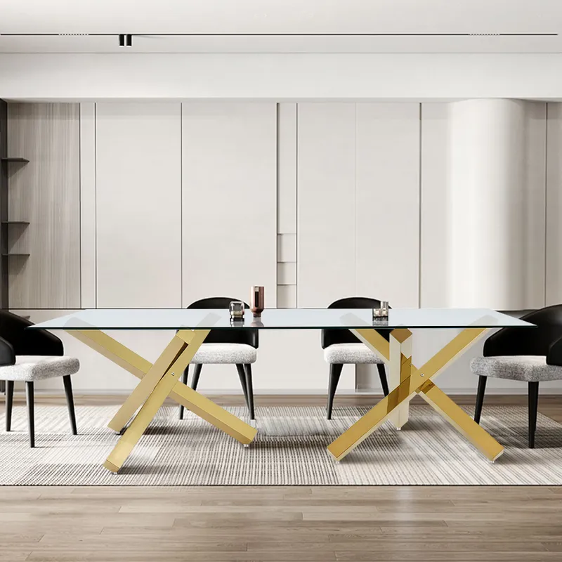 Luxury Gold Stainless Steel Dining Table with Glass Top