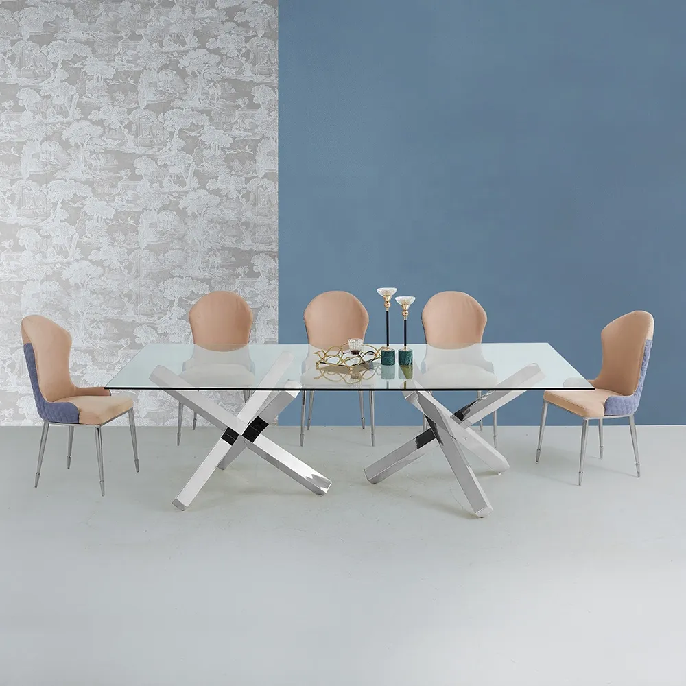 Luxury Gold Stainless Steel Dining Table with Glass Top