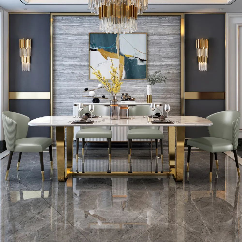 Modern Dining Table with Upholstered Chairs & Marble Top-4 SEATER, 6 SEATER