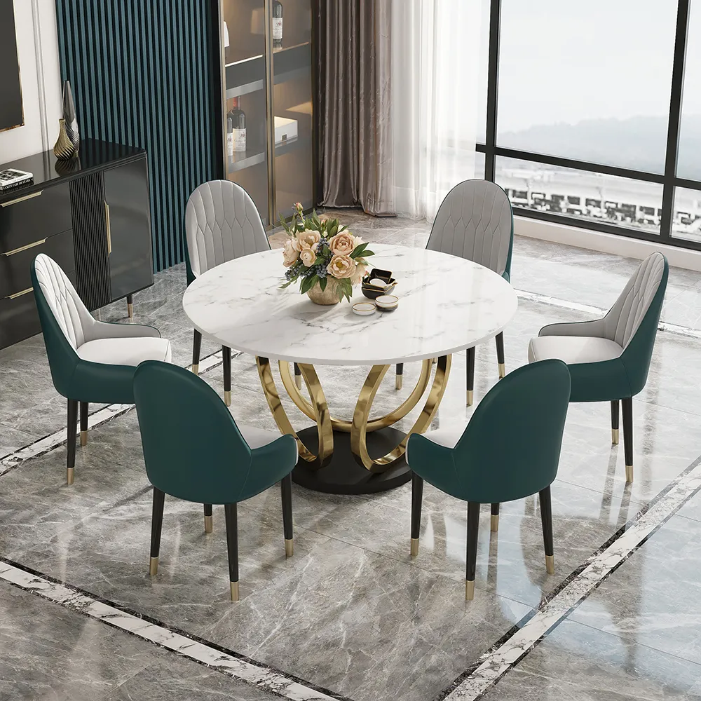 Gold Finish Round Dining Table with Marble & Luxury Chairs-4 SEATER, 6 SEATER