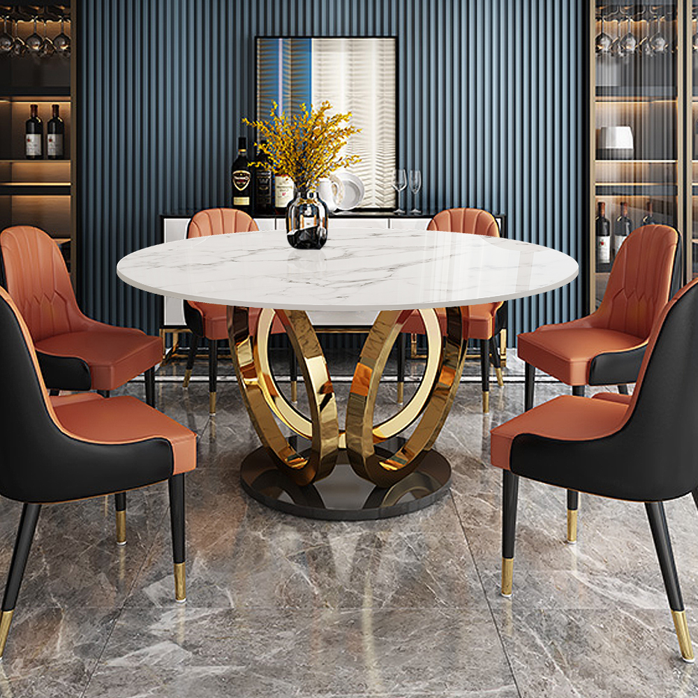 Gold Finish Round Dining Table with Marble & Luxury Chairs-4 SEATER, 6 SEATER