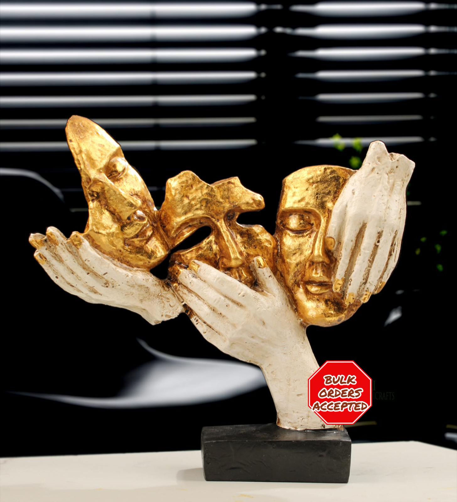 Gold Face in Hands Resin Sculpture