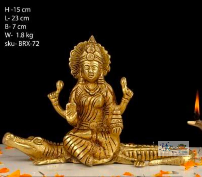 BRASS GANGA MAA STATUE ON CROCODILE- 6"