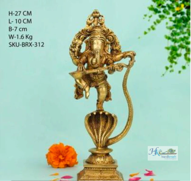 BRASS GANESH STANDING ON SNAKE 10"