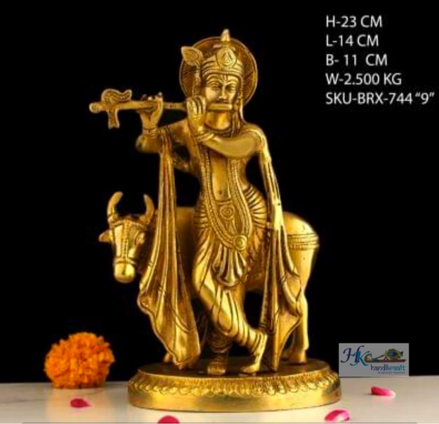 Brass Krishna with Cow Statue