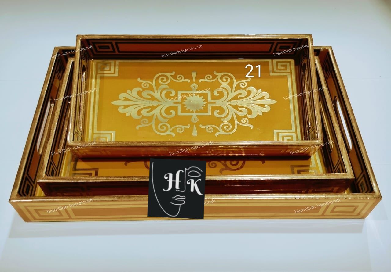 Premium Golden Foil Handcrafted Decorative Tray Set -16"-14"-12"