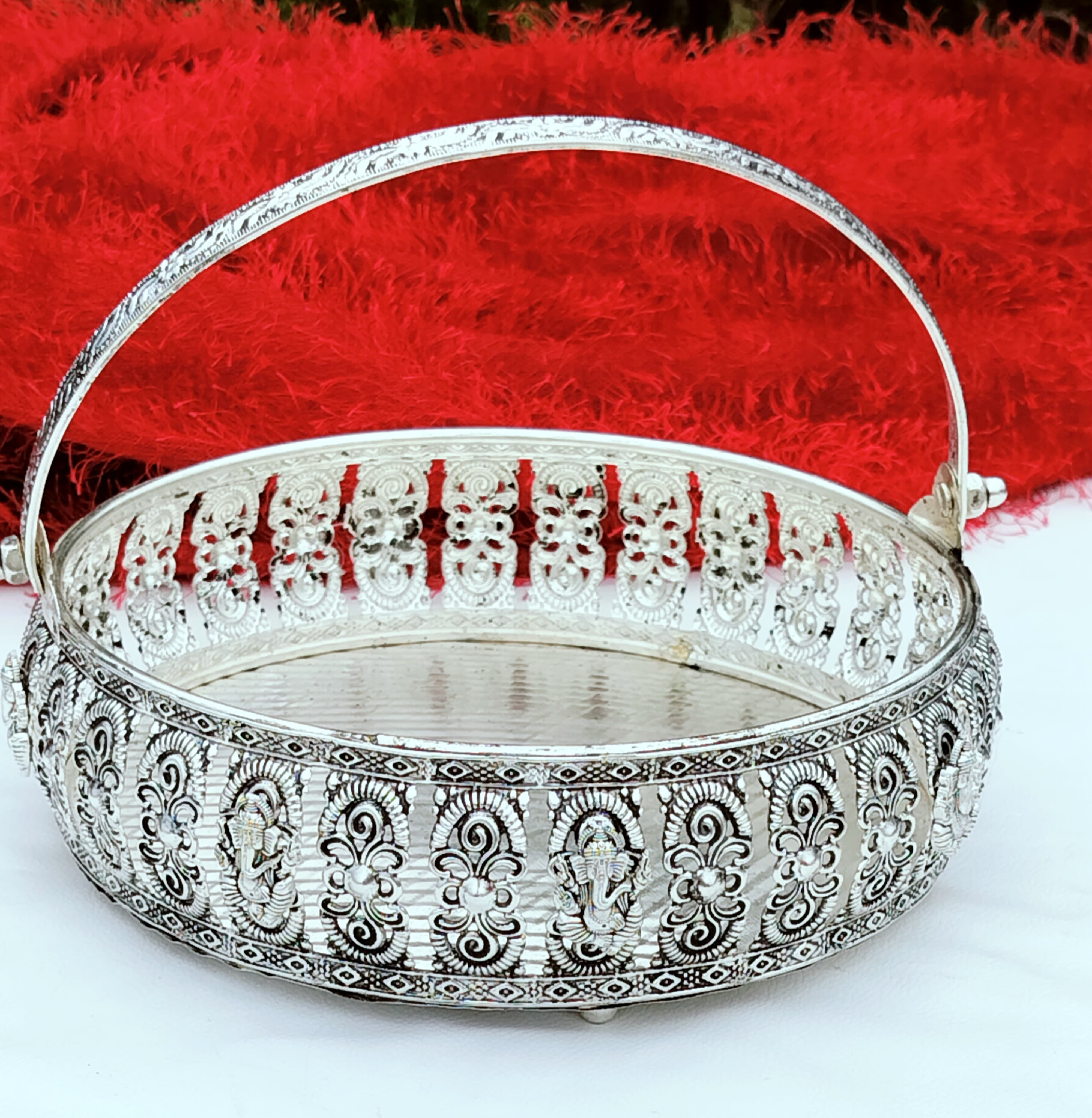 Antique German silver Ashta vinayak engraved flower  basket