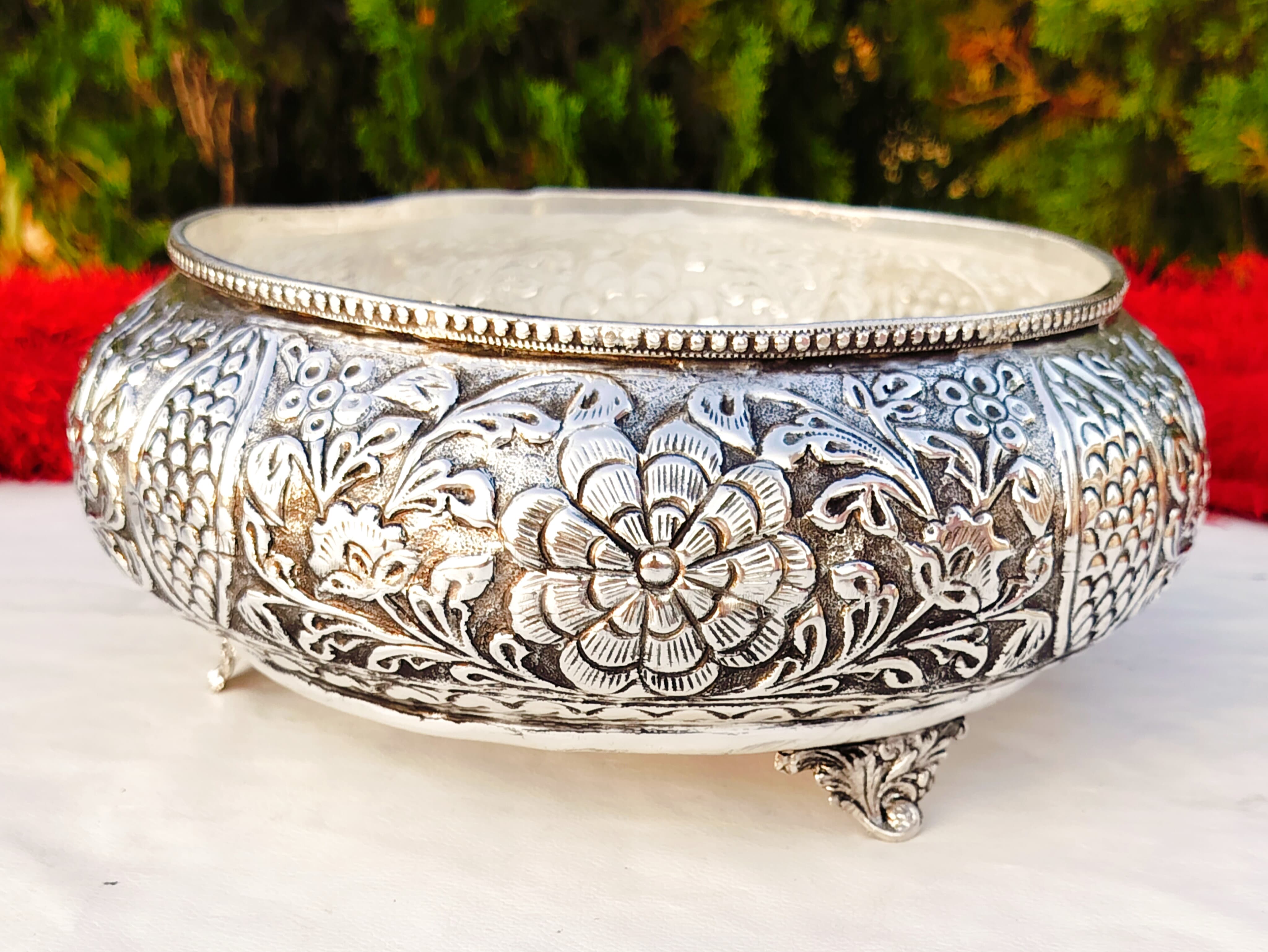 Antique German silver sunflower carving urli
