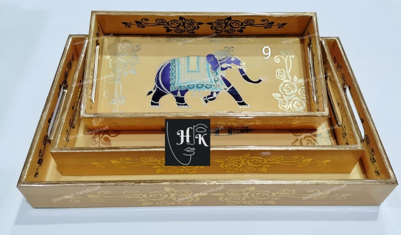 Premium Golden Foil Handcrafted Decorative Tray Set -16"-14"-12"