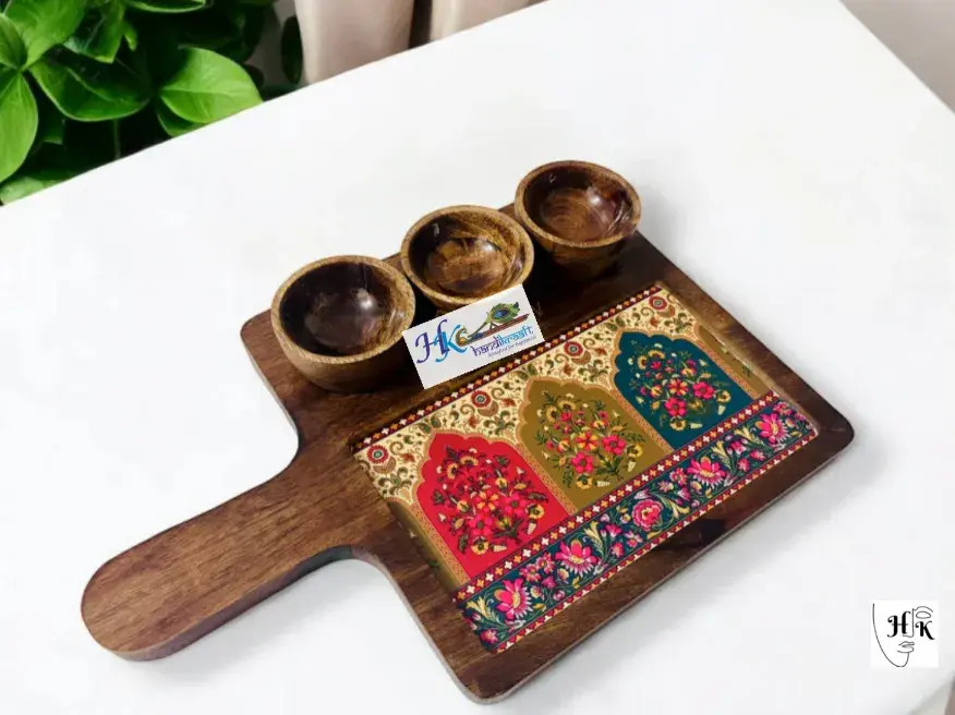 Wooden Serving Rectangular Platter with 3 Bowls-15x10"