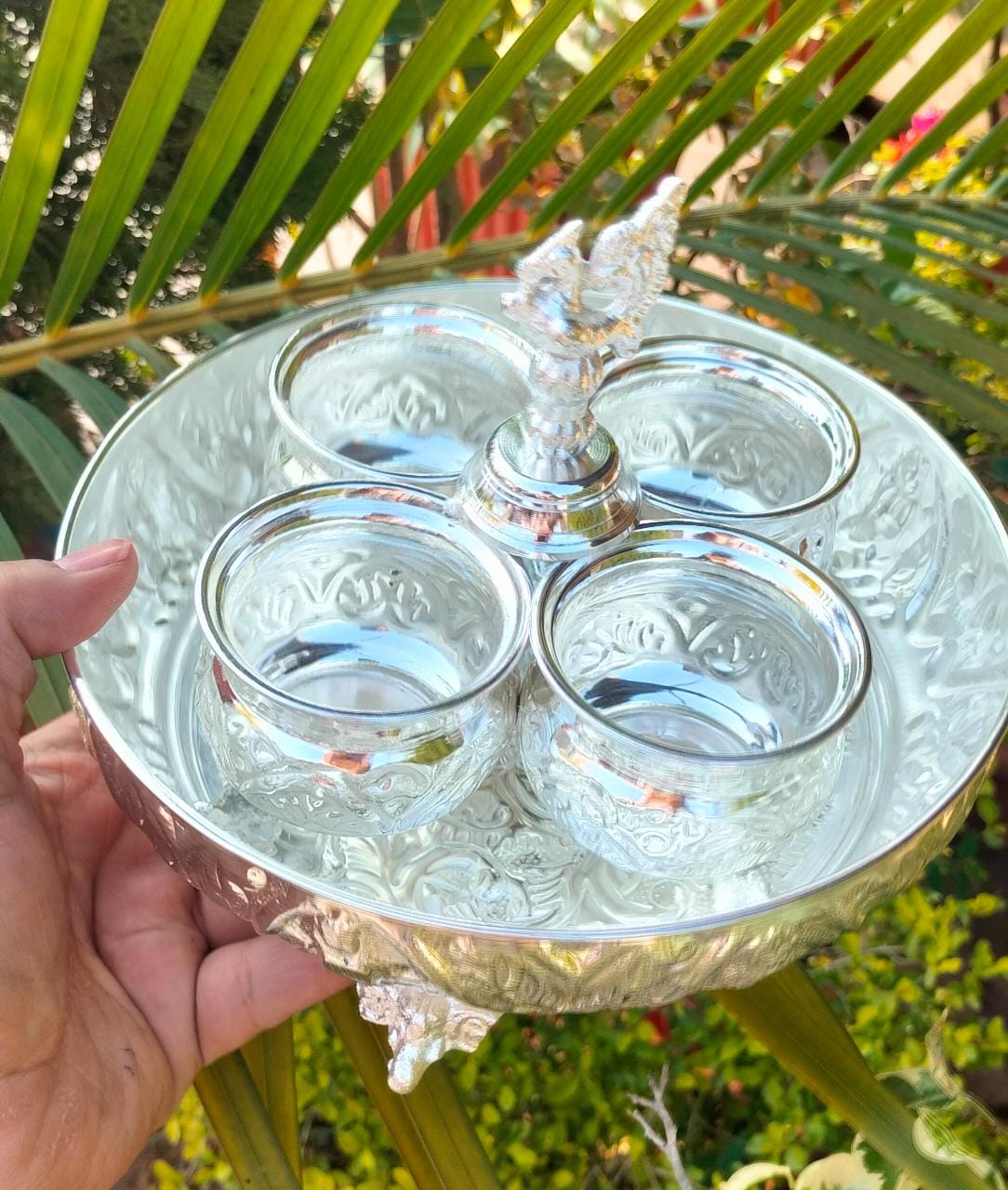 German silver Ashtalakshmi plate with elephant stand peacock kumkum stand