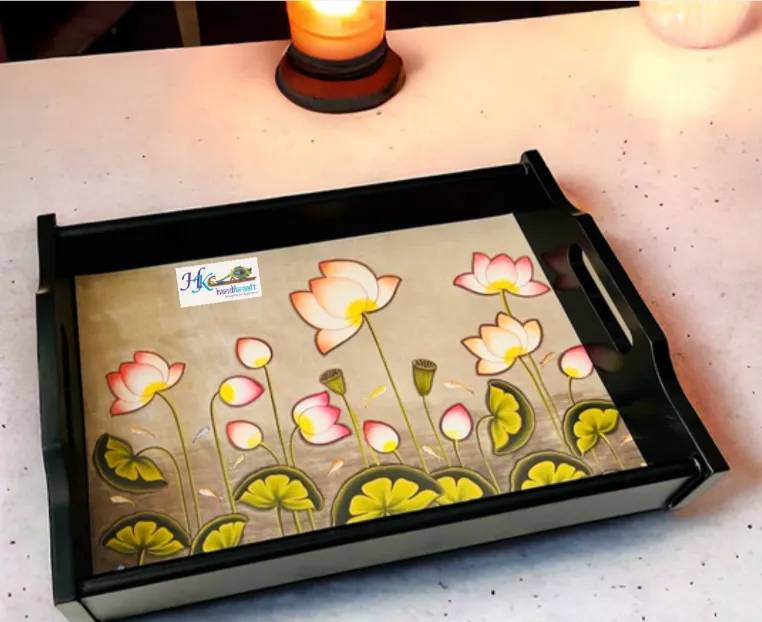 Premium Wooden Serving Paited Tray with handle-15x11"