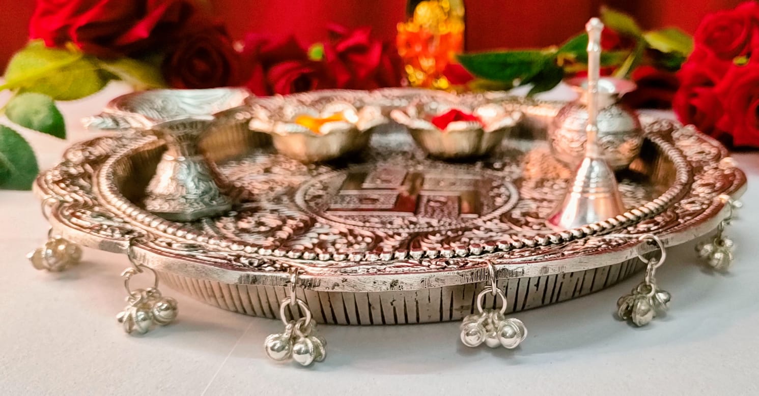 German silver antique Ghungaru aarti thali set
