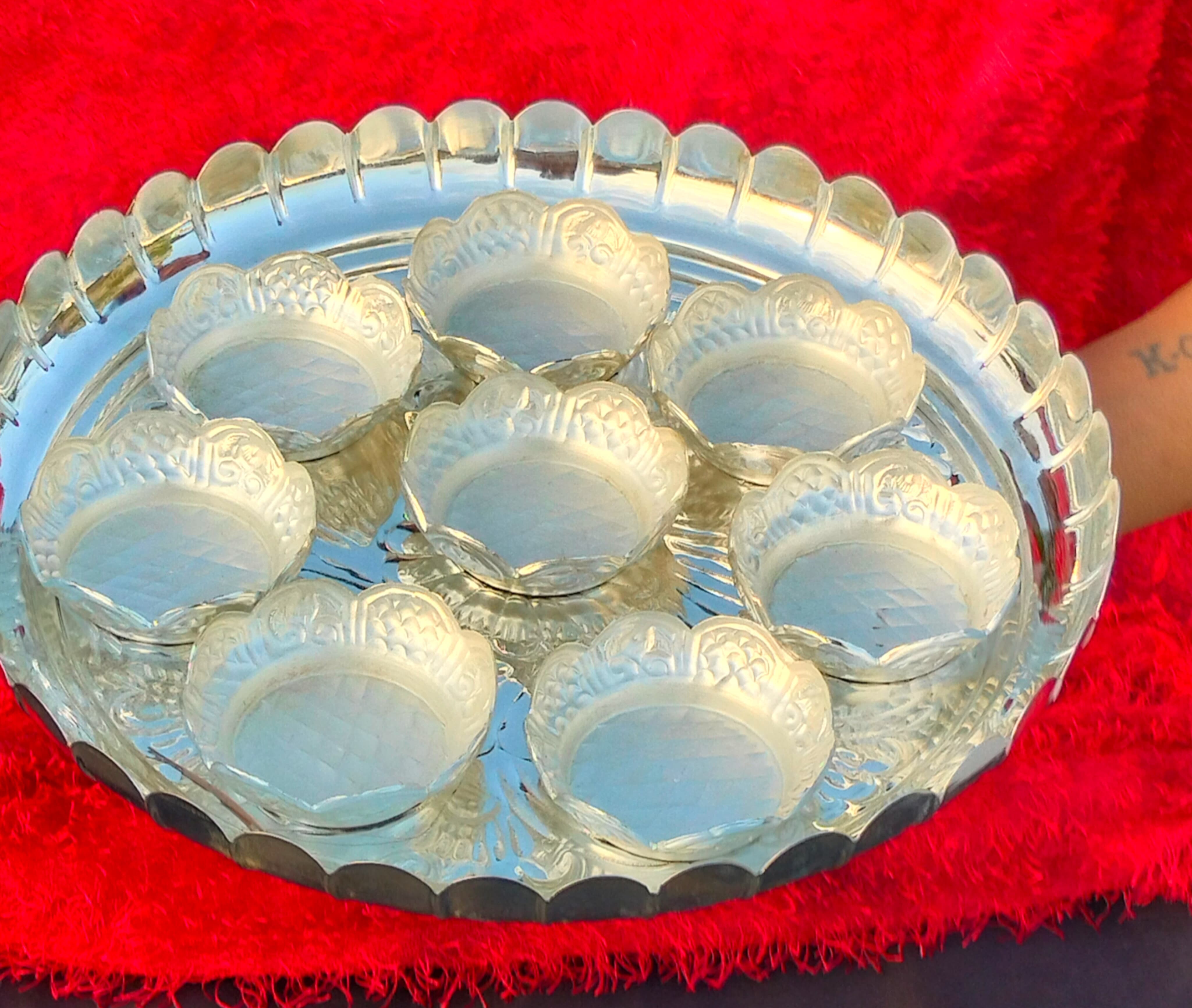 German silver lotus plate with 8 lotus bowl combo
