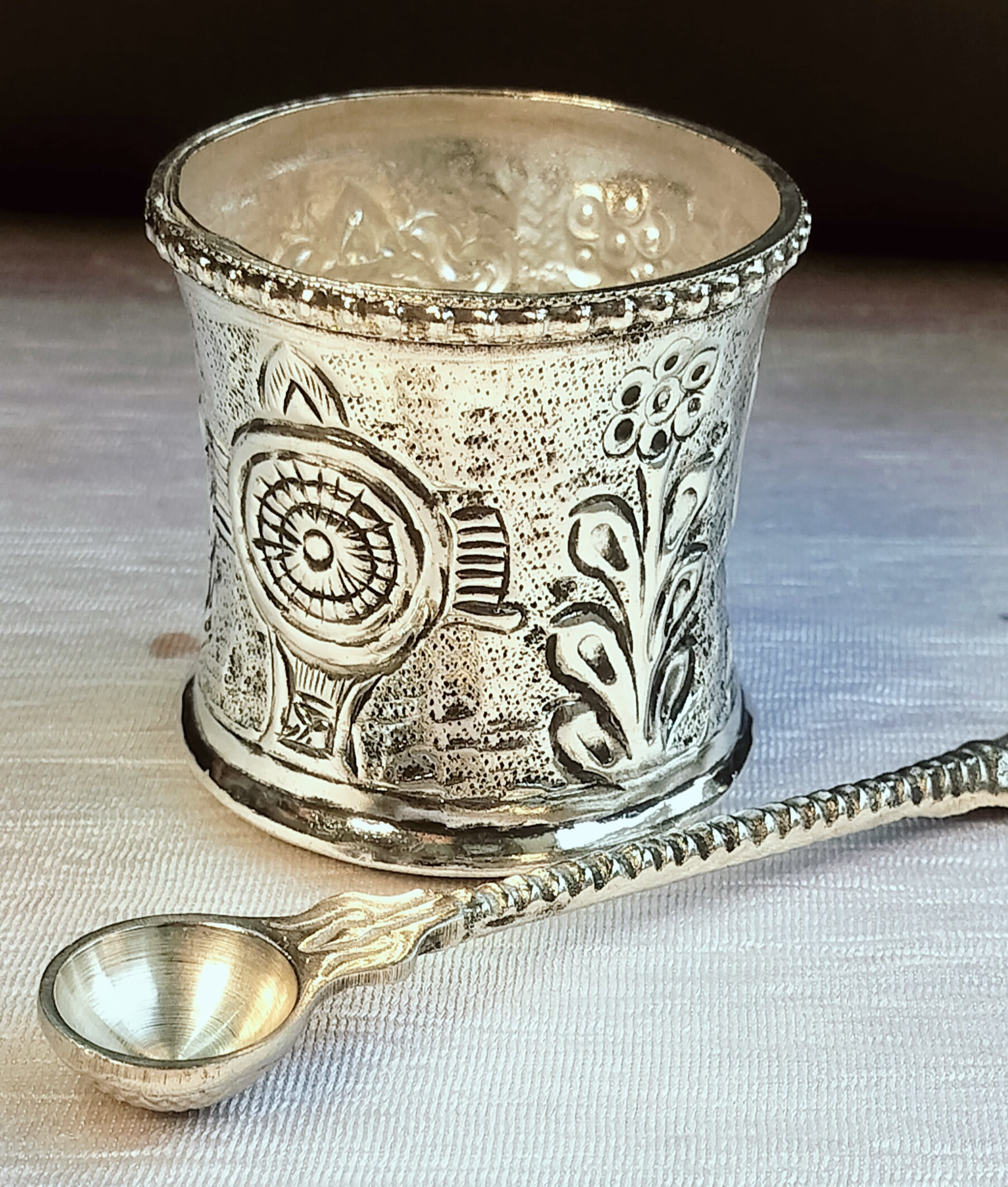 German silver antique panchapatra with aachmani set