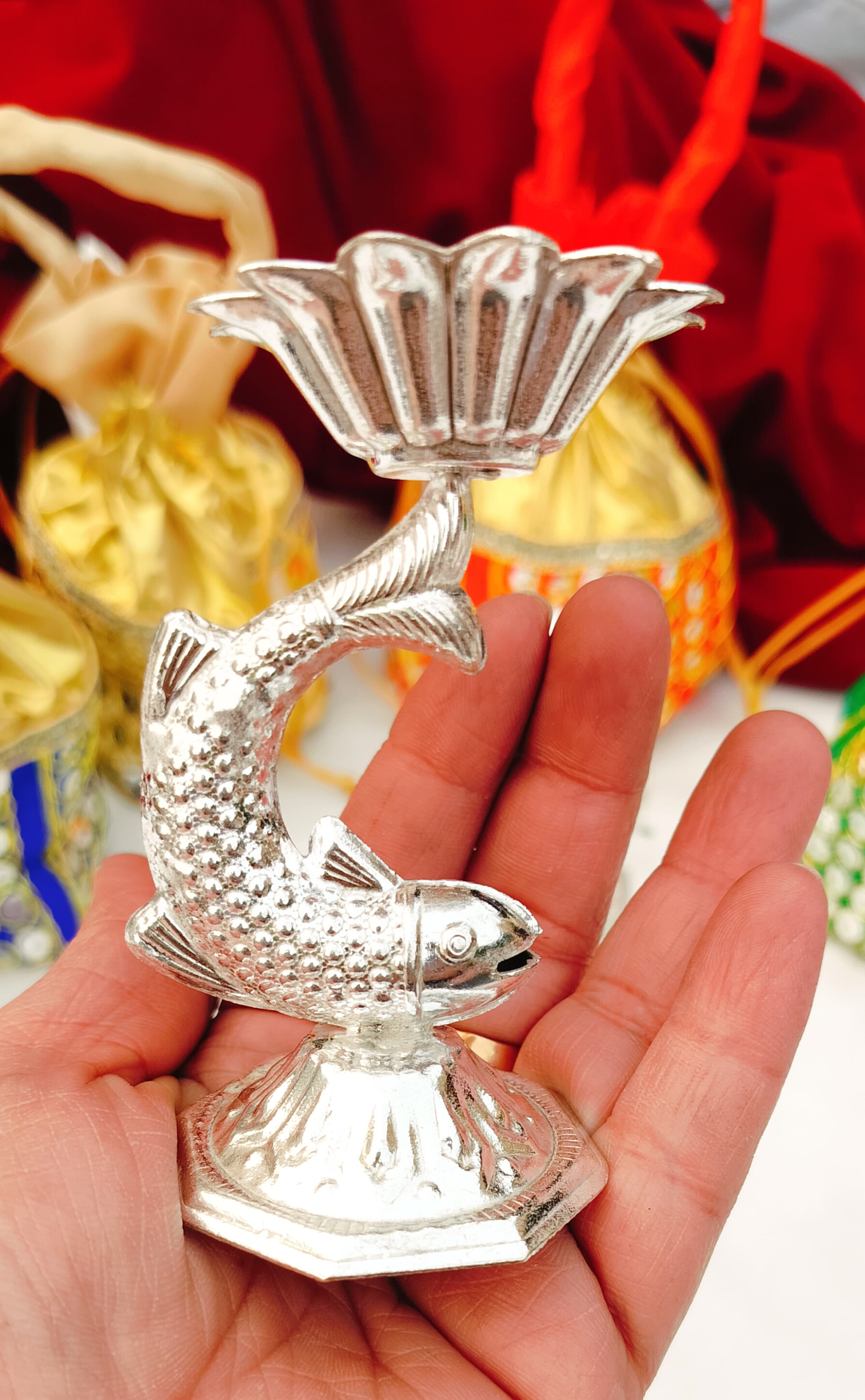 German silver Nakkashi fish diya