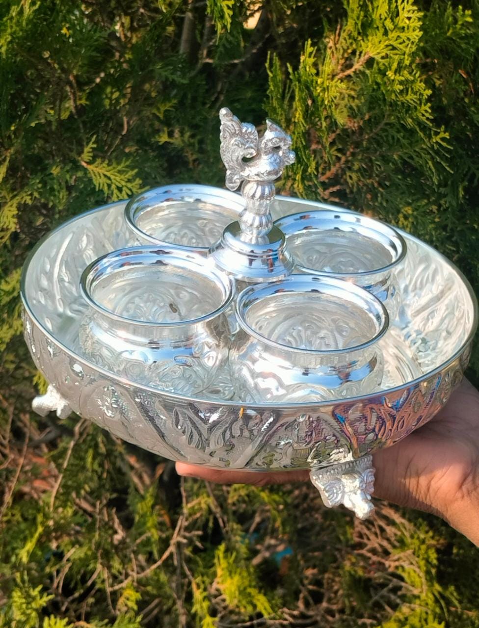 German silver Ashtalakshmi plate with elephant stand peacock kumkum stand