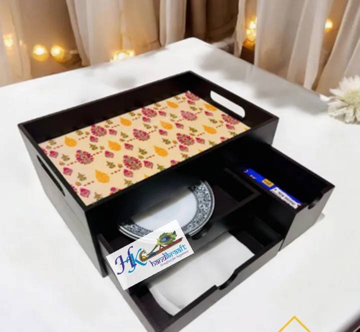Rectangular Wooden Tray  with  Drawer-12L *  8B * 5H inches