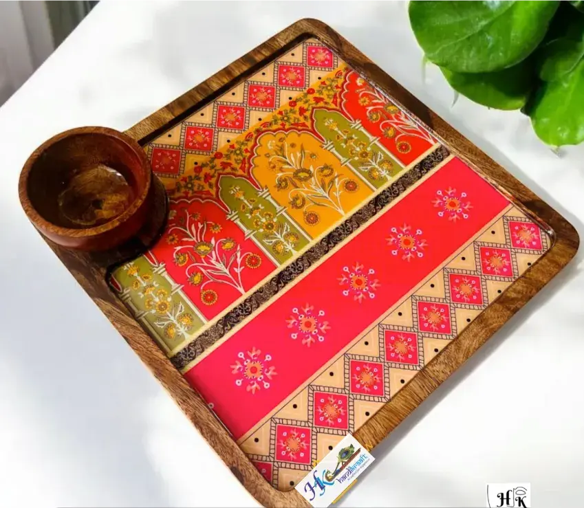 Wooden Serving Square  Platter with a Bowl-10"