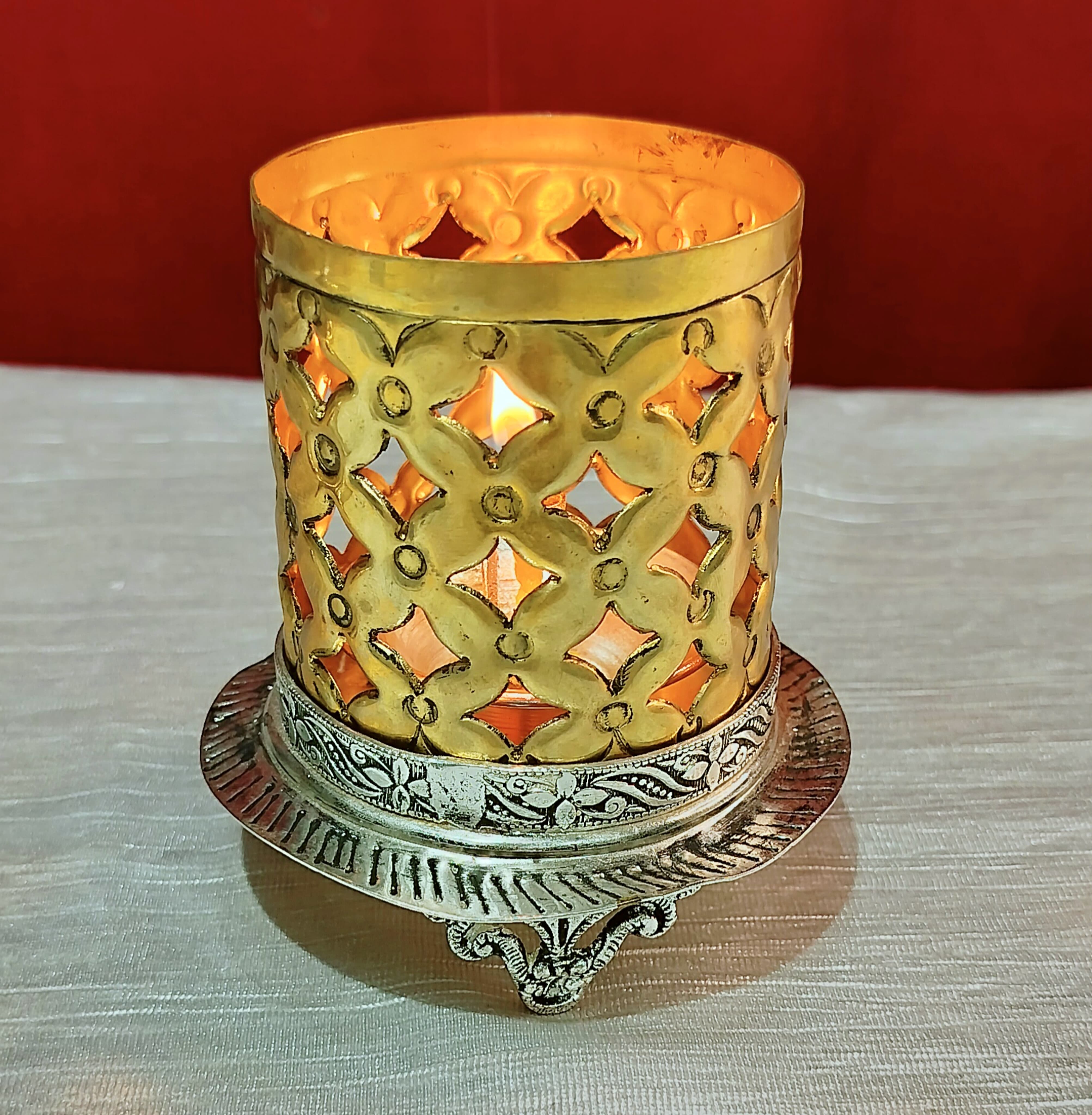 German silver with gold plated akhand diya for daily use-6.5"