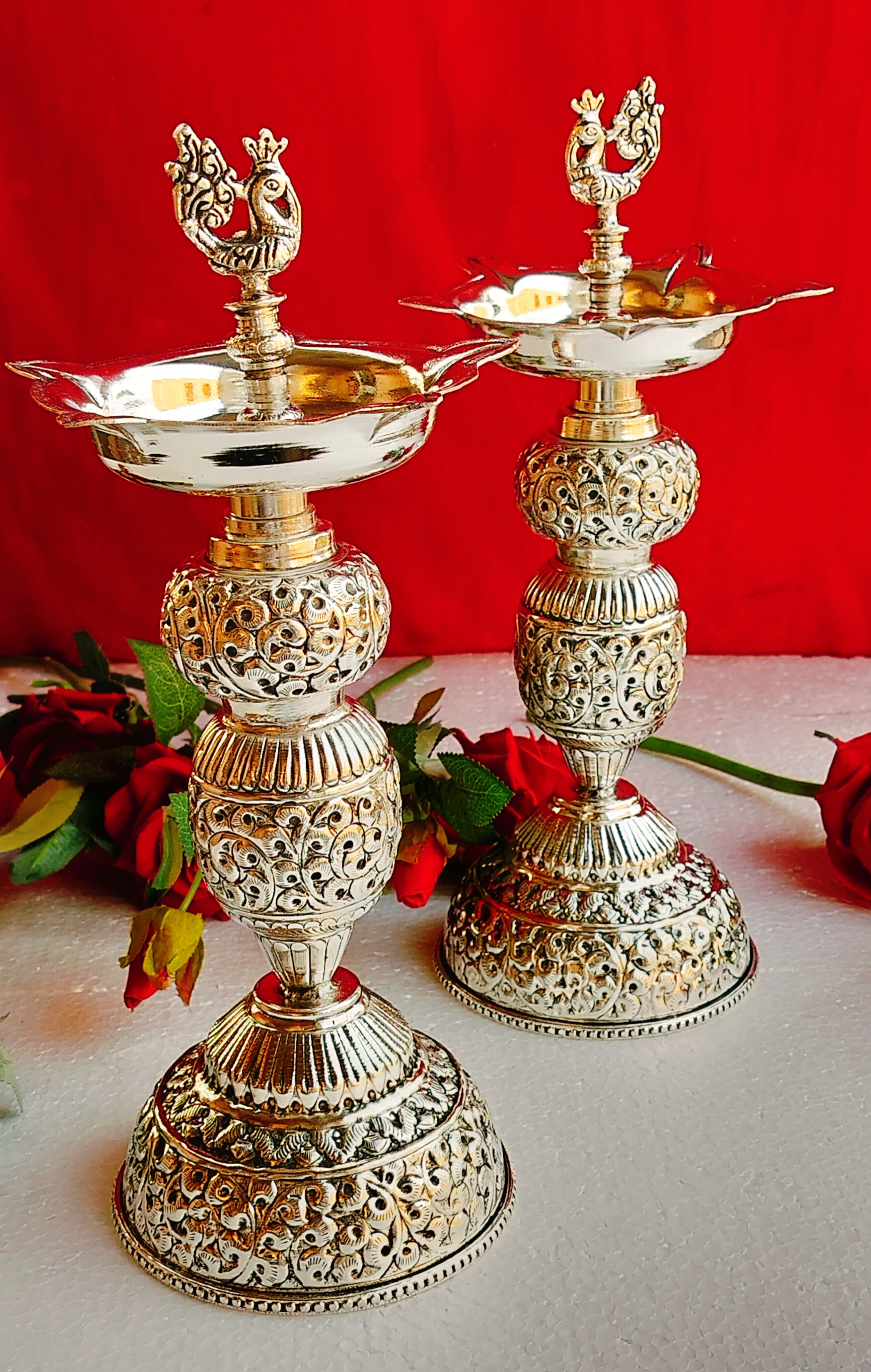 German silver antique peacock diya pair