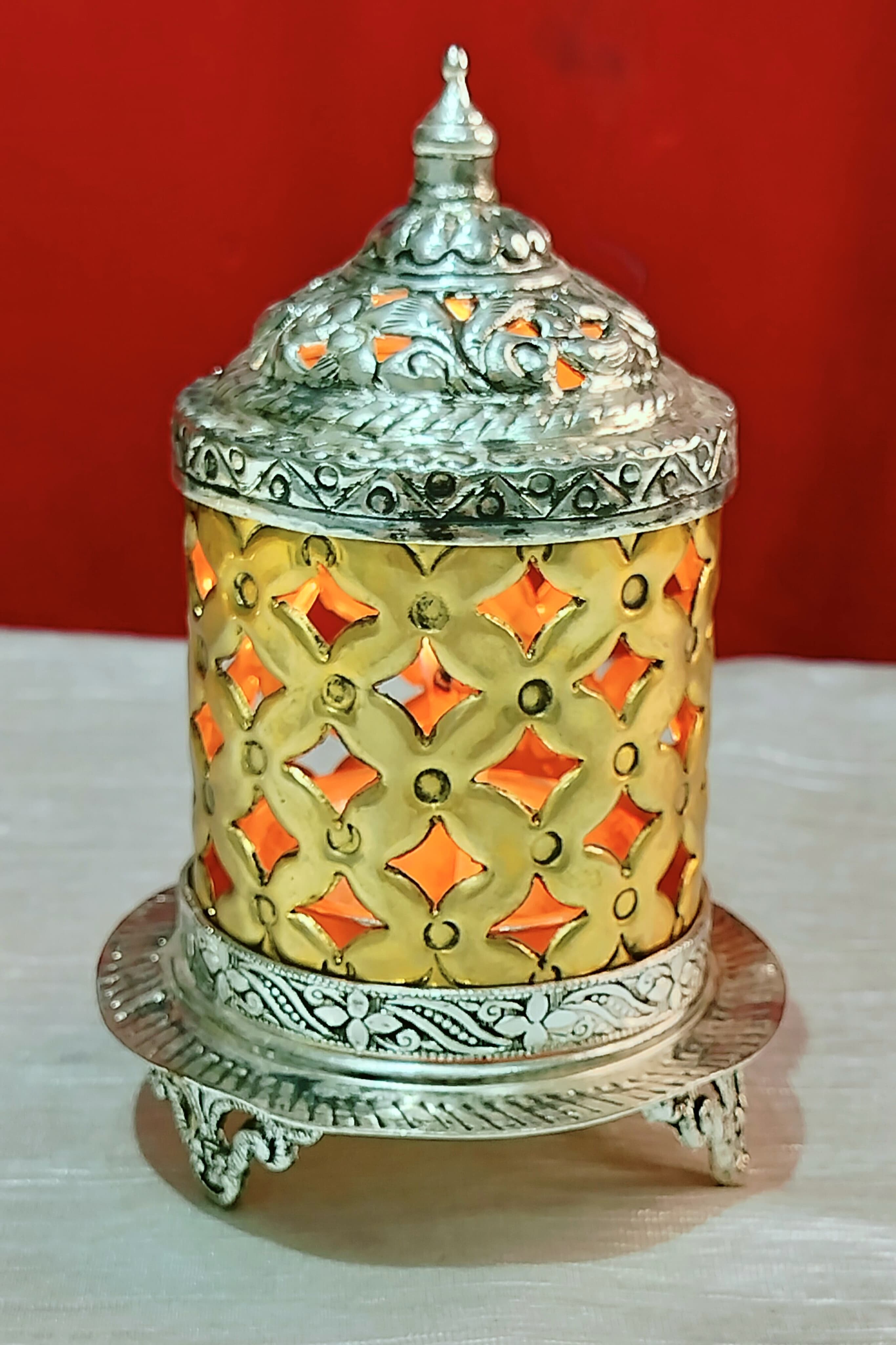 German silver with gold plated akhand diya for daily use-6.5"