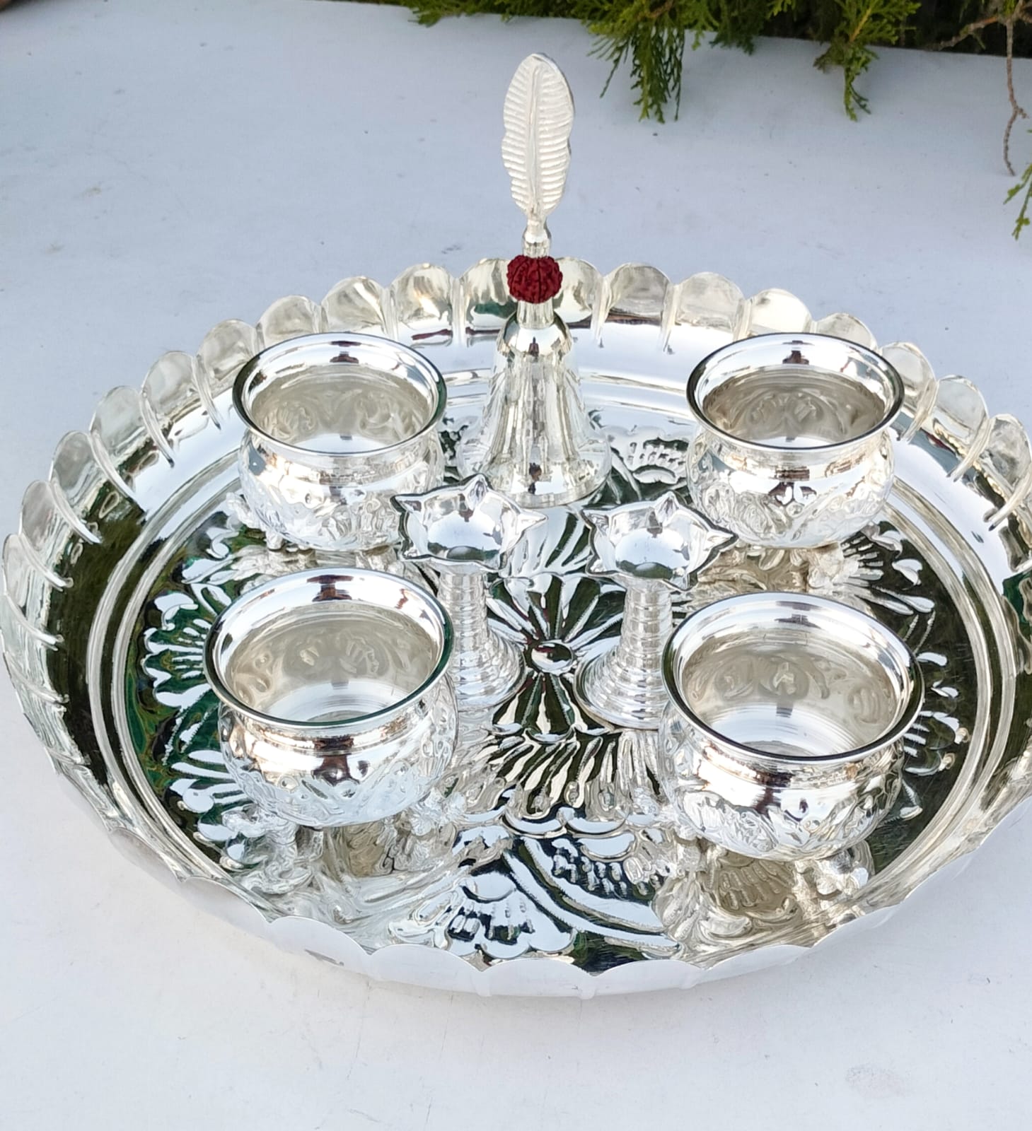 German silver big size lotus flower plate with elephant cup combo